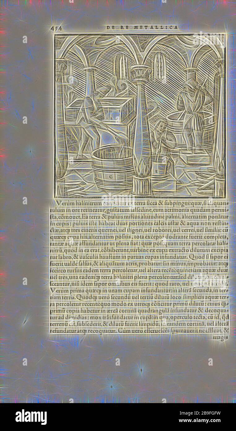 Pagina 454 Georgii agricole De re metallica: libri XII Quibus officia, strumententa, machinae, ac omnia deni, que, ad metallicam spectantia, non modo luculentissimè describuntur, sed and per effigies, suis locis infertas, adiuntis latinis, germanicis, que, appellationibus ita ob oculos ponuntur, ut claritus non possint, Wooditeribletis, 1556, Woodteriustre, 1556, Elicit, 1556, 1556, Elicit, 1556, 1556, Elicit, 1556, Elicit, Elicit, 1556, 1556, 1556 Reinventata da Gibon, design di calda luce allegra di luminosità e raggi di luce radianza. Arte classica reinventata con un tocco moderno. Fotografia ispirata al futurismo, Foto Stock