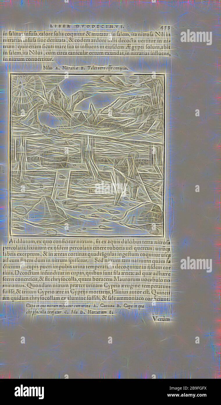 Pagina 453 Georgii agricole De re metallica: libri XII. Quibus officia, strumententa, machinae, ac omnia deni, que, ad metallicam spectantia, non modo luculentissimè describuntur, sed and per effigies, suis locis infertas, adiuntis latinis, germanicis, que, appellationibus ita ob oculos ponuntur, ut claritus non possint, Wooditeribletis, 1556, Woodteriustre, 1556, Elicit, 1556, 1556, Elicit, 1556, 1556, Elicit, 1556, Elicit, Elicit, 1556, 1556, 1556 Reinventata da Gibon, design di calda luce allegra di luminosità e raggi di luce radianza. Arte classica reinventata con un tocco moderno. Fotografia ispirata al futurismo, Foto Stock