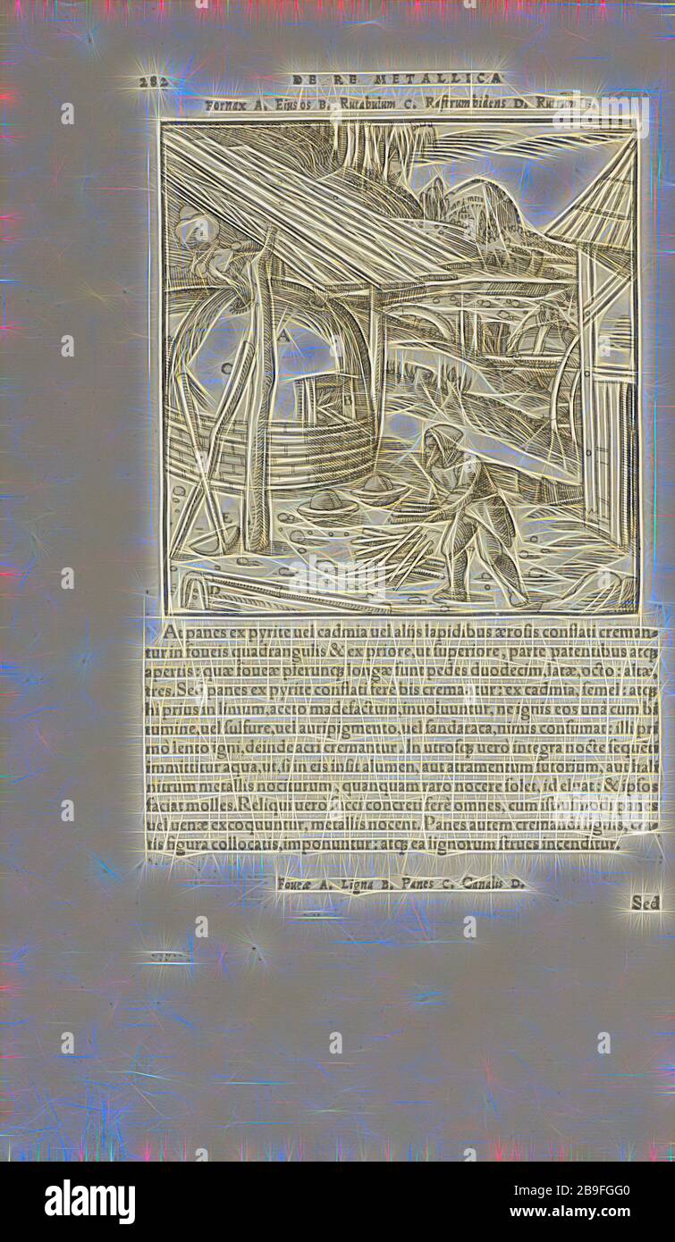 Pagina 282 Georgii agricole De re metallica: libri XII Quibus officia, strumententa, machinae, ac omnia deni, que, ad metallicam spectantia, non modo luculentissimè describuntur, sed and per effigies, suis locis infertas, adiuntis latinis, germanicis, que, appellationibus ita ob oculos ponuntur, ut claritus non possint, Wooditeribletis, 1556, Woodteriustre, 1556, Elicit, 1556, 1556, Elicit, 1556, 1556, Elicit, 1556, Elicit, Elicit, 1556, 1556, 1556 Reinventata da Gibon, design di calda luce allegra di luminosità e raggi di luce radianza. Arte classica reinventata con un tocco moderno. Fotografia ispirata al futurismo, Foto Stock