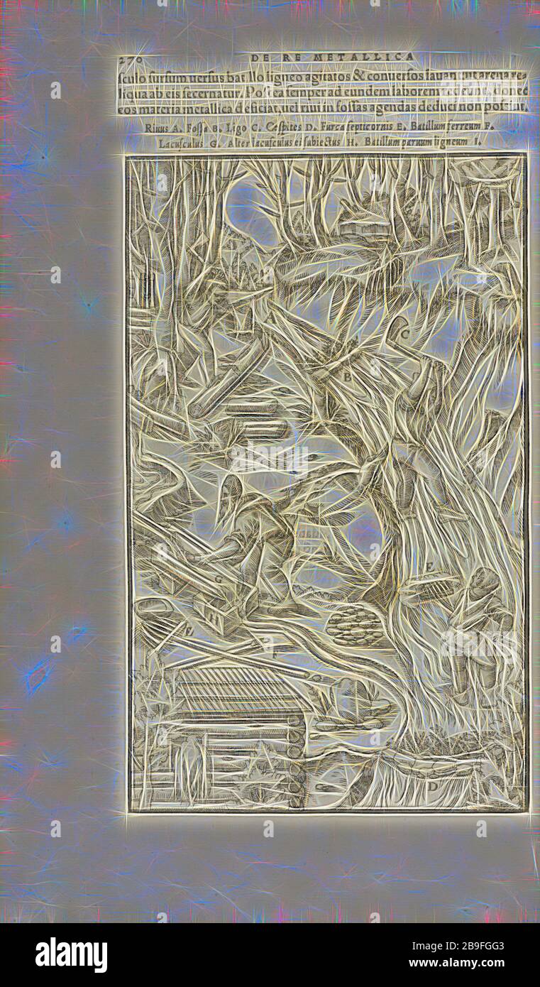 Pagina 270 Georgii agricole De re metallica: libri XII. Quibus officia, strumententa, machinae, ac omnia deni, que, ad metallicam spectantia, non modo luculentissimè describuntur, sed and per effigies, suis locis infertas, adiuntis latinis, germanicis, que, appellationibus ita ob oculos ponuntur, ut claritus non possint, Wooditeribletis, 1556, Woodteriustre, 1556, Elicit, 1556, 1556, Elicit, 1556, 1556, Elicit, 1556, Elicit, Elicit, 1556, 1556, 1556 Reinventata da Gibon, design di calda luce allegra di luminosità e raggi di luce radianza. Arte classica reinventata con un tocco moderno. Fotografia ispirata al futurismo, Foto Stock