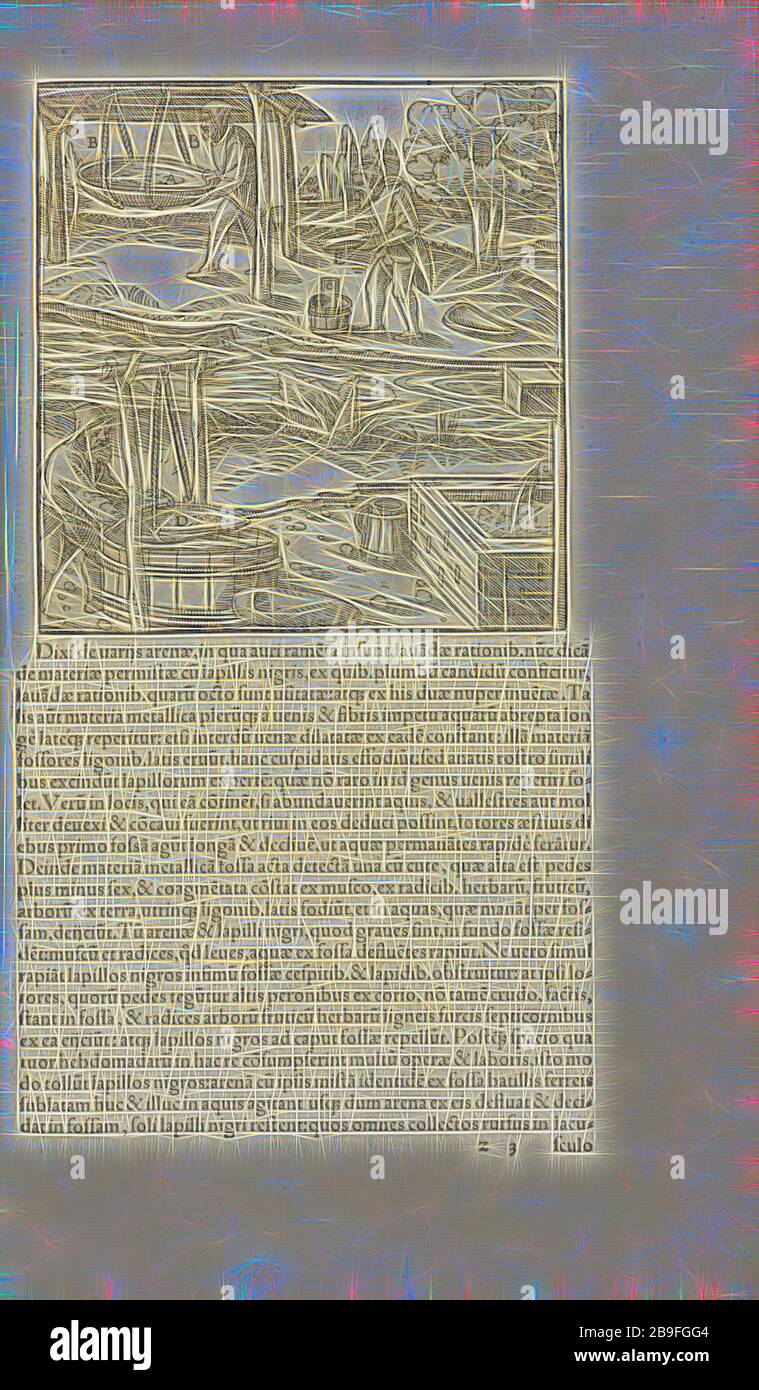 Pagina 269 Georgii agricole De re metallica: libri XII Quibus officia, strumententa, machinae, ac omnia deni, que, ad metallicam spectantia, non modo luculentissimè describuntur, sed and per effigies, suis locis infertas, adiuntis latinis, germanicis, que, appellationibus ita ob oculos ponuntur, ut claritus non possint, Wooditeribletis, 1556, Woodteriustre, 1556, Elicit, 1556, 1556, Elicit, 1556, 1556, Elicit, 1556, Elicit, Elicit, 1556, 1556, 1556 Reinventata da Gibon, design di calda luce allegra di luminosità e raggi di luce radianza. Arte classica reinventata con un tocco moderno. Fotografia ispirata al futurismo, Foto Stock