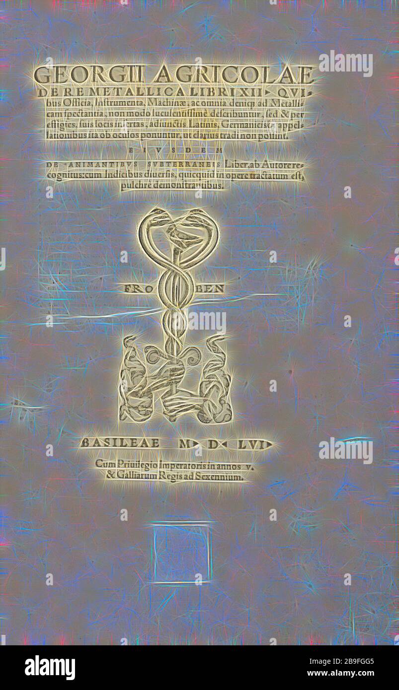Titolo, Georgii agricole De re metallica: libri XII. Quibus officia, strumententa, machinae, ac omnia deni, que, ad metallicam spectantia, non modo luculentissimè describuntur, sed and per effigies, suis locis infertas, adiuntis latinis, germanicis, que, appellationibus ita ob oculos ponuntur, ut claritus non possint, Georg-1556, Elicéteris, 1556, Elicit, Elicit, 1556, Elicit, 1556, Elicit, 1556, Elicit, Elicit, 1556, 1556, 1556, Elicit, Elicit Reinventata da Gibon, design di calda luce allegra di luminosità e raggi di luce radianza. Arte classica reinventata con un tocco moderno. Fotografia ispirata a futuri Foto Stock