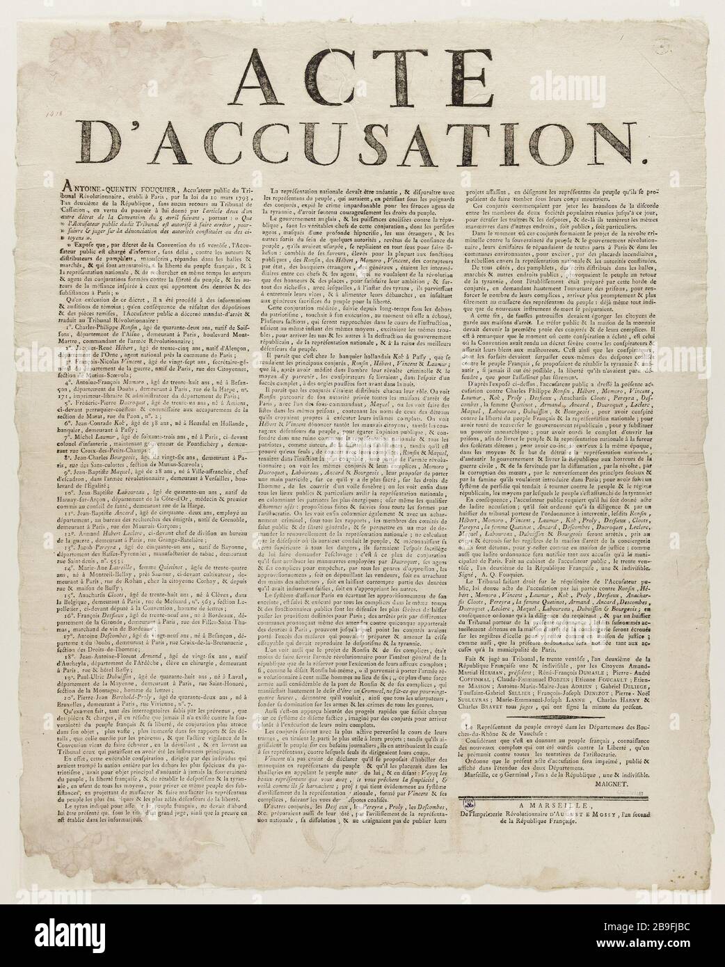 INCRIMINAZIONE, ANTOINE-QUENTIN FOUQUIER, ACCUSATORE DI TRIBUNALE RIVOLUZIONARIO PUBBLICO ANONYME. "ACTE d'accusation, Antoine-Quentin Fouquier, Accuateur Public du tribunal révolutionnaire". Typographie. 1794. Parigi, musée Carnavalet. Foto Stock