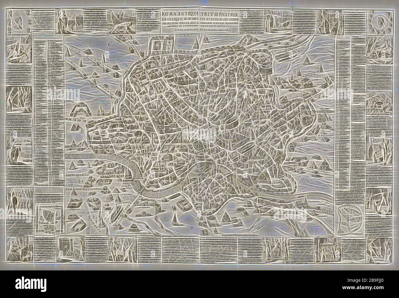 Roma antiqua trionfatrix ab antiquis monumentis et rerum gestarum memoriis eruta, mappa di Roma, Lauro, Giacomo, 17th sec., Rossi, Giovanni Giacomo de, 17th sec., incisione, ca. 1550, Reimagined by Gibon, disegno di calda luce allegra di luminosità e di raggi luminosi. Arte classica reinventata con un tocco moderno. La fotografia ispirata al futurismo, che abbraccia l'energia dinamica della tecnologia moderna, del movimento, della velocità e rivoluziona la cultura. Foto Stock
