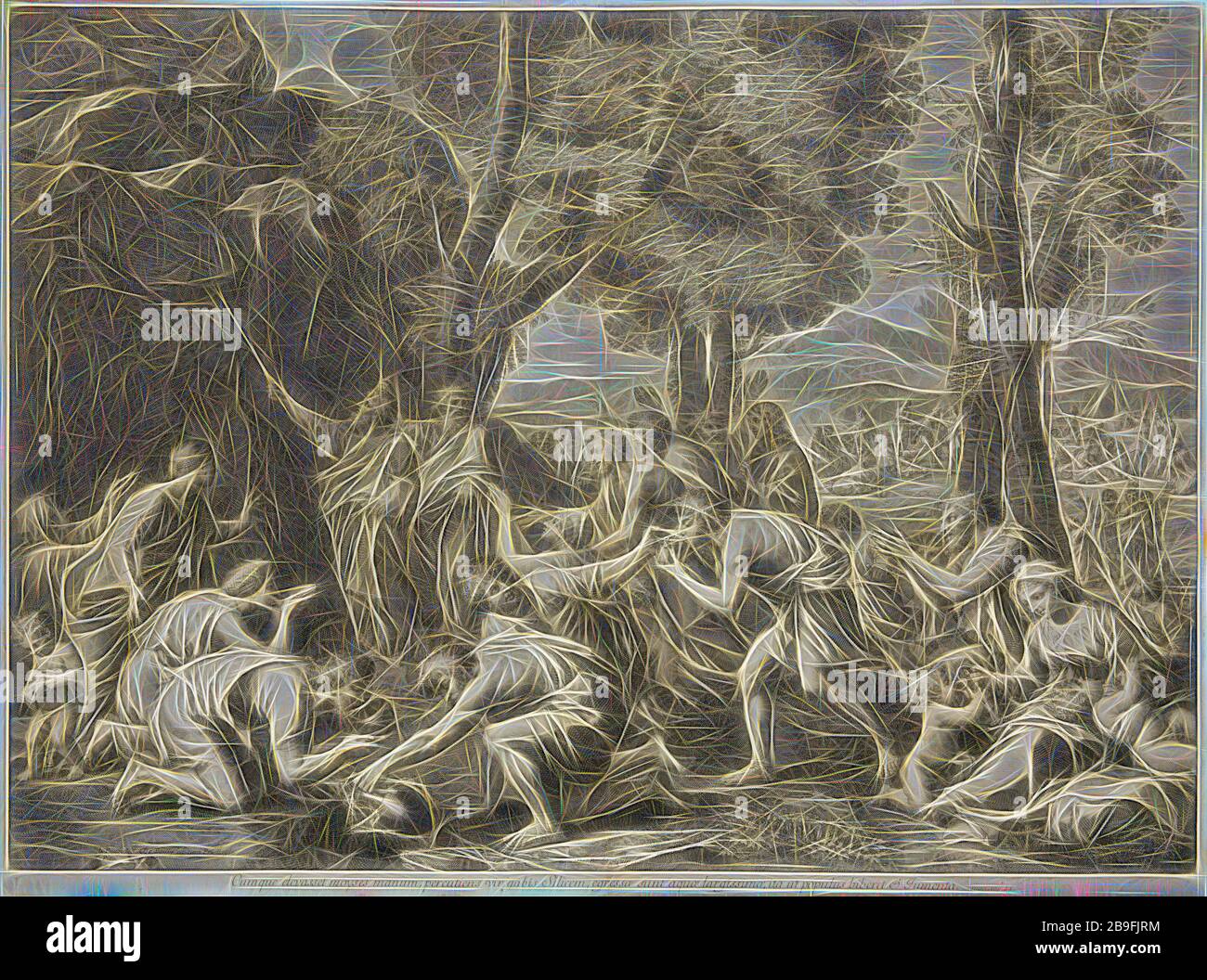 Mosè colpisce la roccia, stampa dopo dipinti di Nicolas Poussin, Baudet, Etienne, 1638-1711, Poilly, Nicolas de, 1627-1696, Poussin, Nicolas, 1594?-1665, ca. 1670-1686, Reimagined by Gibon, design di calore allegro di luminosità e raggi di luce radianza. Arte classica reinventata con un tocco moderno. La fotografia ispirata al futurismo, che abbraccia l'energia dinamica della tecnologia moderna, del movimento, della velocità e rivoluziona la cultura. Foto Stock