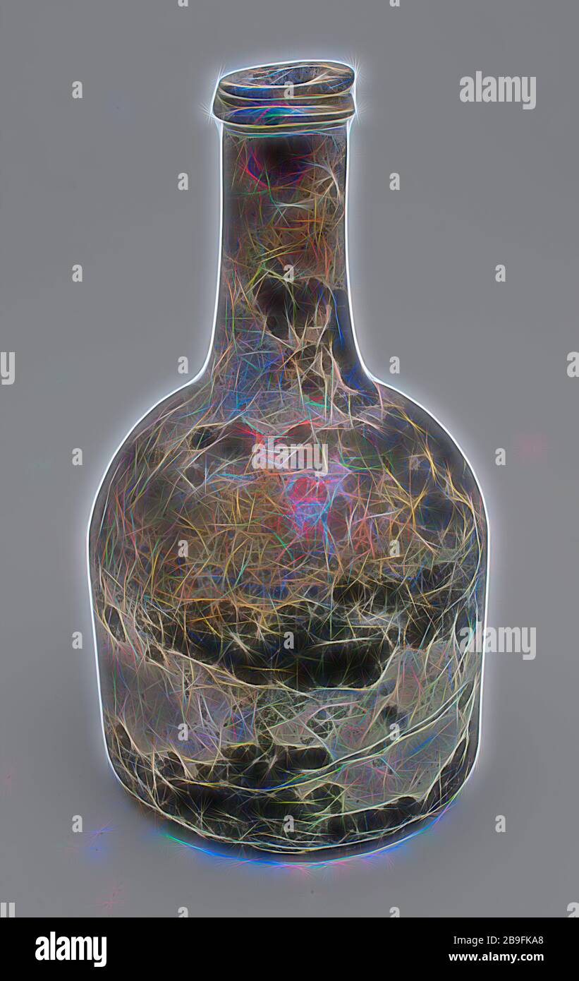 Cilindrica bottiglia di vino, modello di orologio, bottiglia per vino portabottiglie trovare terreno, vetro soffiato libero e stampato in stampo in vetro soffiato di forma cilindrica di applicazione (vino) Bottiglia in verde chiaro vetro orologio modello. Pontil mark sotto ampia sconvolto fondo corpo rettilineo a spalle convesso e leggermente ringiovanito il collo con tonda appiattita in modo irregolare il filo di vetro e sciatto appiattita labbro inclinato pacchetto di archeologia Foto Stock