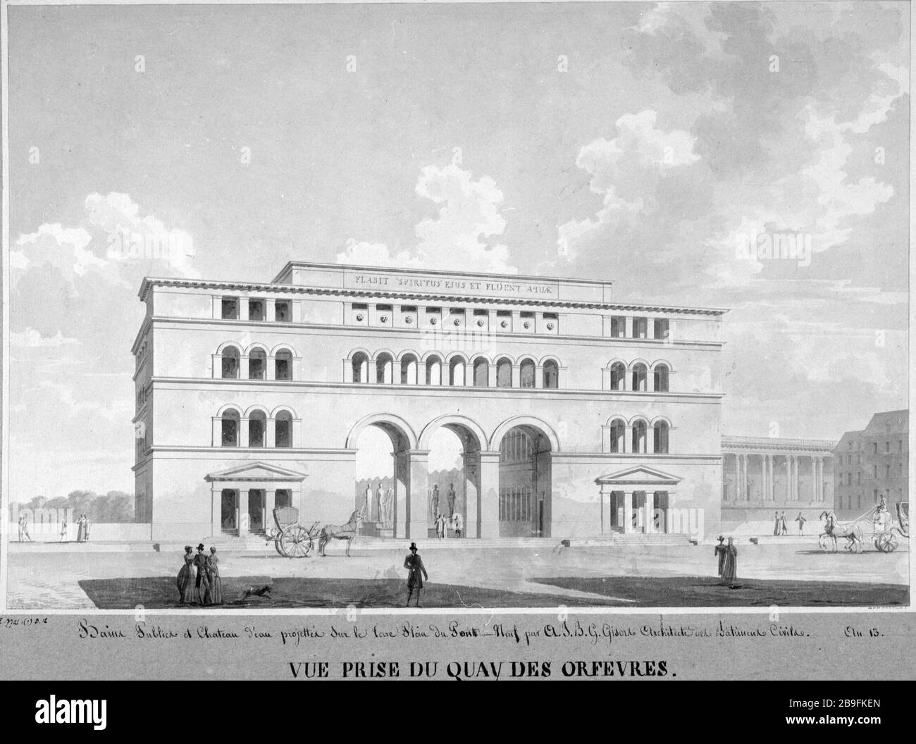 PROGETTO BAGNO PUBBLICO, TERRA FULL-BRIDGE NINE, LA BANCHINA ORFEVRES GUY DE GISORS (1762-1835). "Projet de bains publics, terre-plein du Pont-Neuf, quai des orfèvres, 1804". Dessin. Parigi, musée Carnavalet. Foto Stock