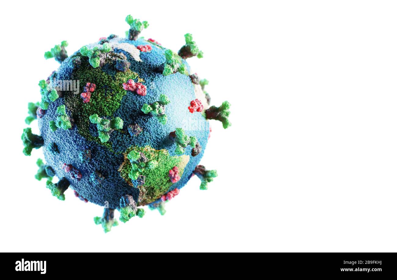 Virus Corona SARS-cov-2 nuovo concetto di coronavirus riposizionabile per l'epidemia di covid-19 come pandemia influenzale pericolosa. Microscopio globo terra come modello cellulare. Foto Stock