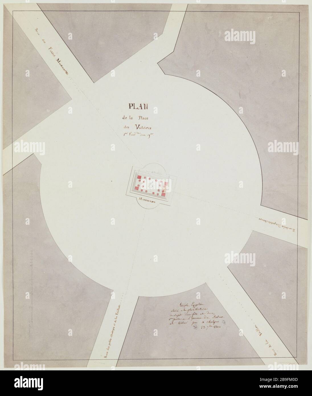 Mappa di Place des Victoires con un monumento alla gloria di Desaix e Kleber Jean-François-Thérèse Chalgrin (1739-1811), architettura français. Plan de la Place des Victoires avec un monumento érigé à la gloire de Desaix et Kléber. Encré brune, encré de Chine à la plume et au lavis, aquarelle rouge, sanguine et crayon noir sur papier. Parigi, musée Carnavalet. Foto Stock