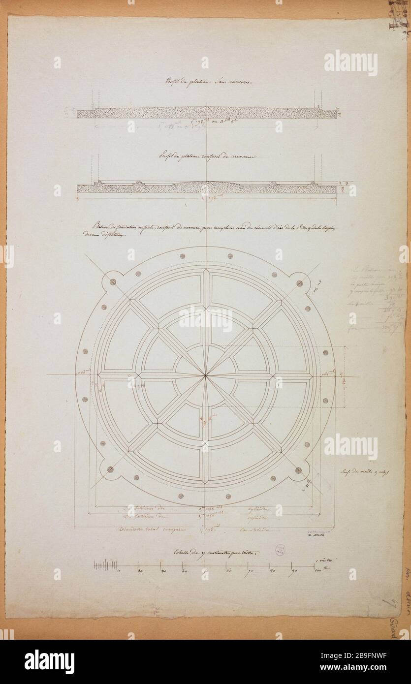 Progetto piastra di fondazione per la pompa l'aria serbatoio Wharf Rapee, attuale 12 ° distretto. Pierre-Simon Girard (1765-1836). Projet de plateau de fondation pour le réservoir d'air de la pompe du quai de la Rapée, actuel 12ème circondario. Encres, 1827. Parigi, musée Carnavalet. Foto Stock