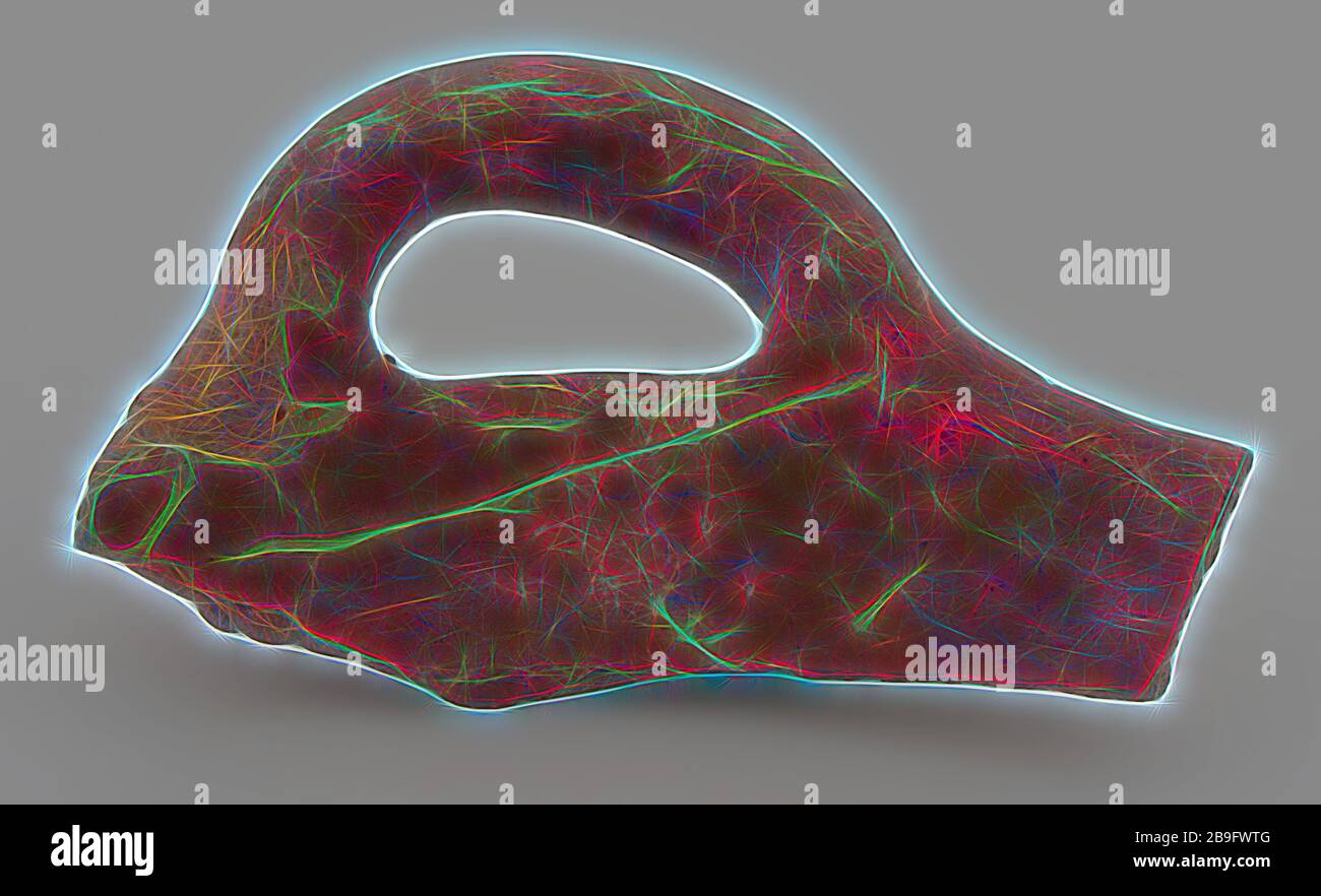 Frammento di confine di terracotta rossa con grande orecchio di salsiccia, non smaltato, porta pentole utensili da cucina ceramica terracotta ceramica, mano girata a mano bordo cotto frammento di grande ciotola di terracotta. Orecchie di salsiccia sdraiata. Parete laterale inclinata con bagliore rosso arancio. Ledge sotto il bordo all'esterno archeologia senza vetri Rotterdam City Centre Stadsdriehoek Mariniersweg Hoogstraat reperti archeologici di terracotta indigena si trovano nel suolo Hoogstraat Mariniersweg 1983 Foto Stock