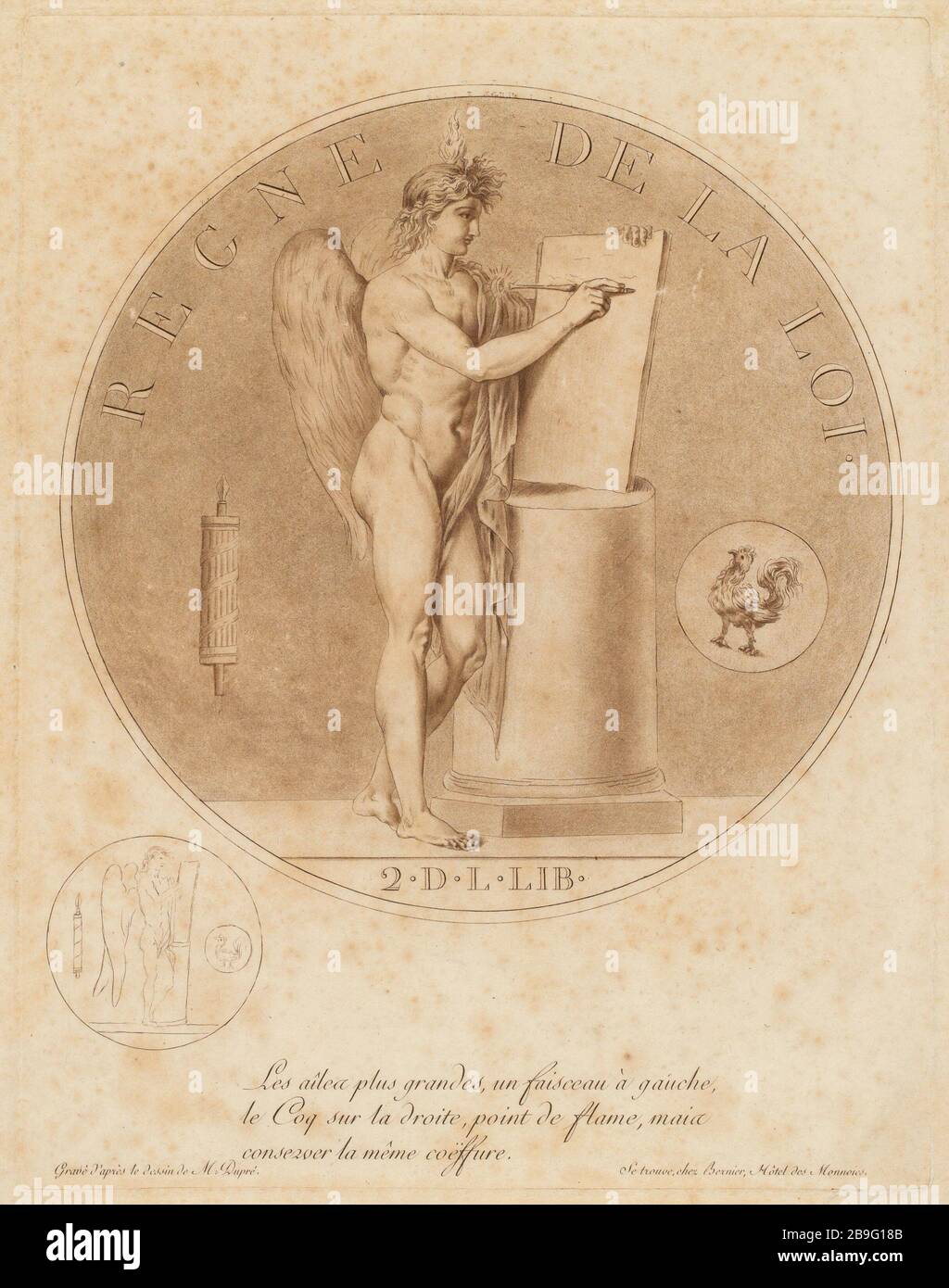 REGNO DI DIRITTO (elencati di sicurezza (lettera)) | progetto moneta alato Genius in piedi davanti a un altare e bruciare su un tavolo (titolo fittizio). Foto Stock