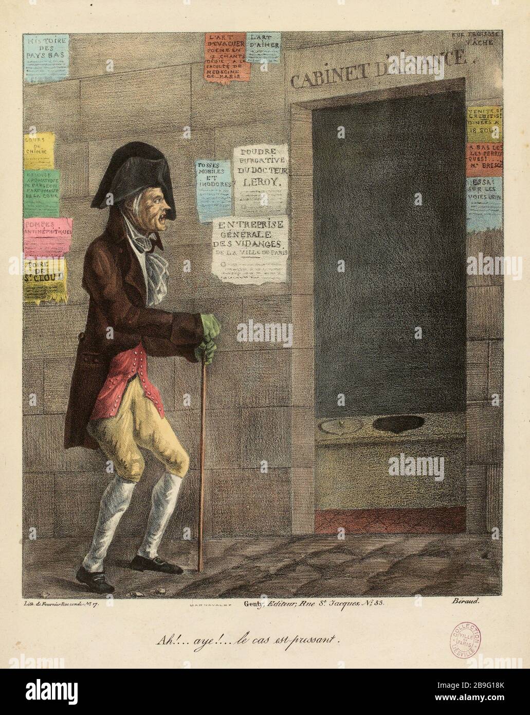 Ah ... Aye ... il caso è urgente (come elencato) |. Caricatura di un uomo di fronte ad un gabinetto, rue Troussevache (il Reynie) (titolo fittizio). Foto Stock