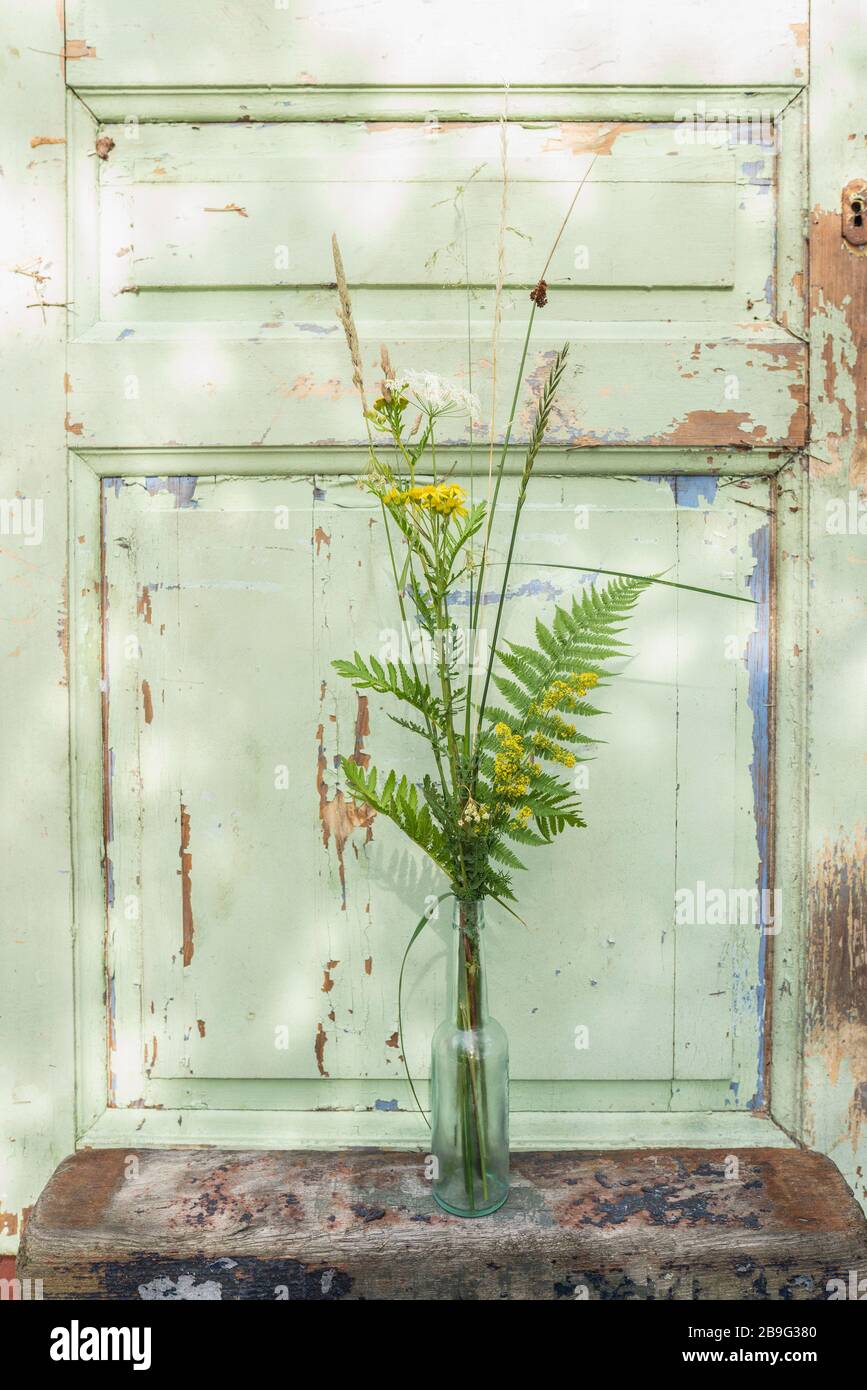 Gambi floreali gialli e verdi in vaso a porta con vernice scheggiata Foto Stock