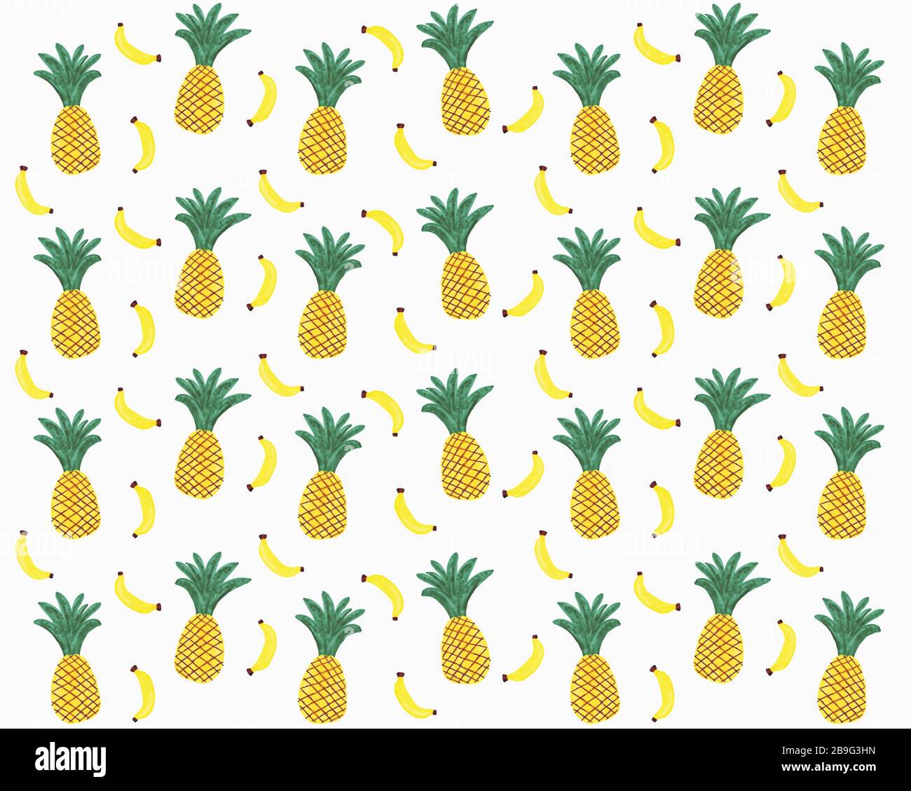 Illustrazione di ananas e banane gialle su sfondo bianco Foto Stock