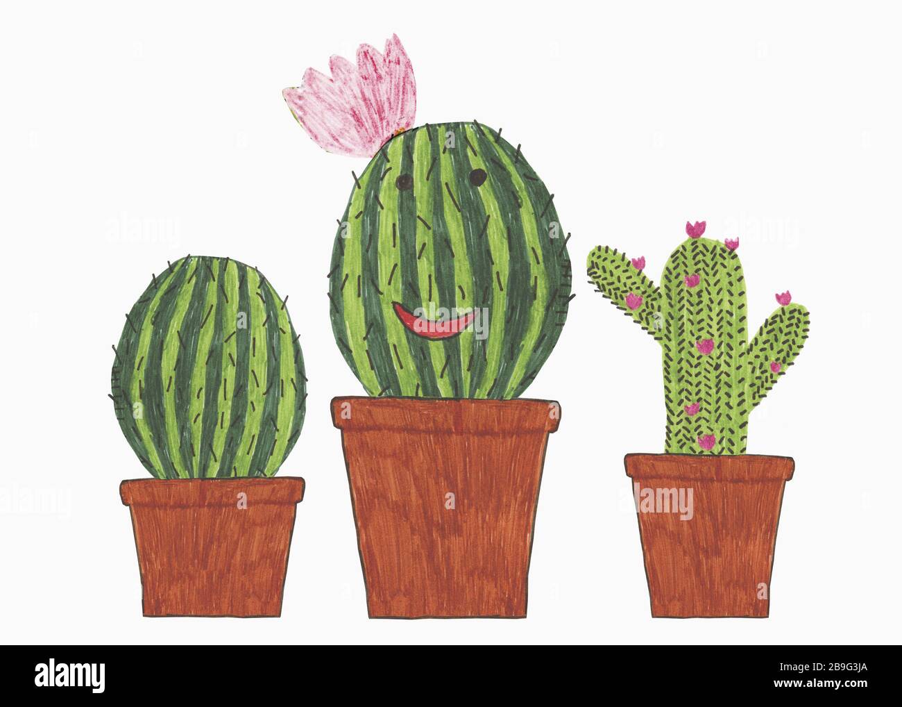 Illustrazione di cactus antropomorfi in flowerpot Foto Stock