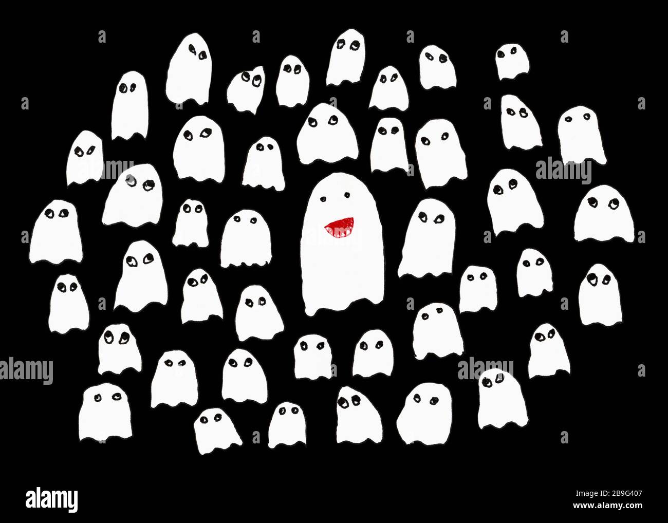 Disegno di fantasmi bianchi cute su sfondo nero Foto Stock