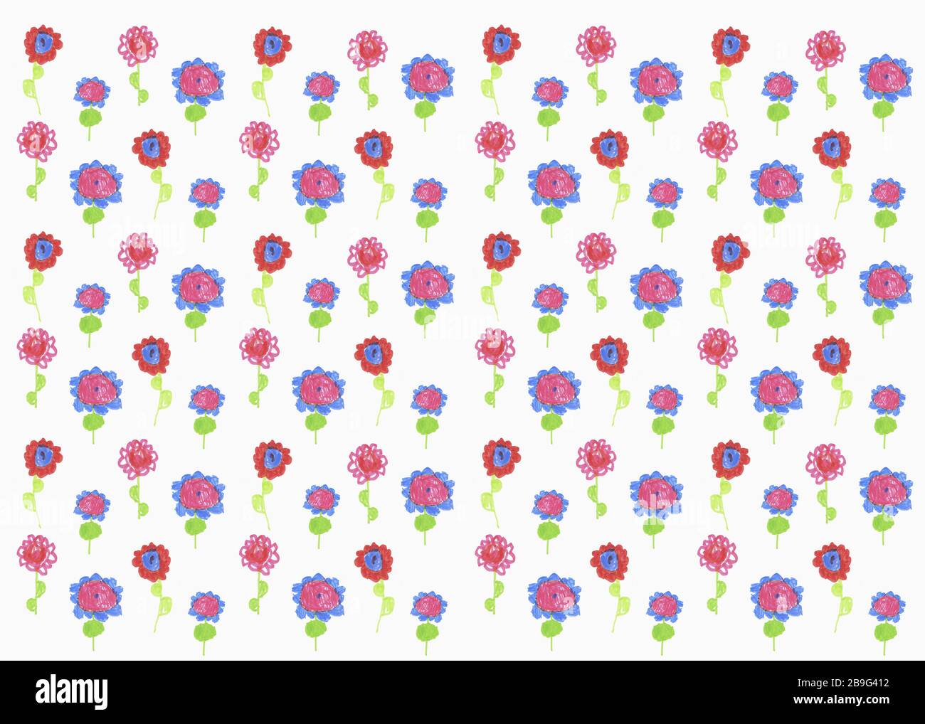 Disegno per bambini di vivaci fiori colorati su sfondo bianco Foto Stock