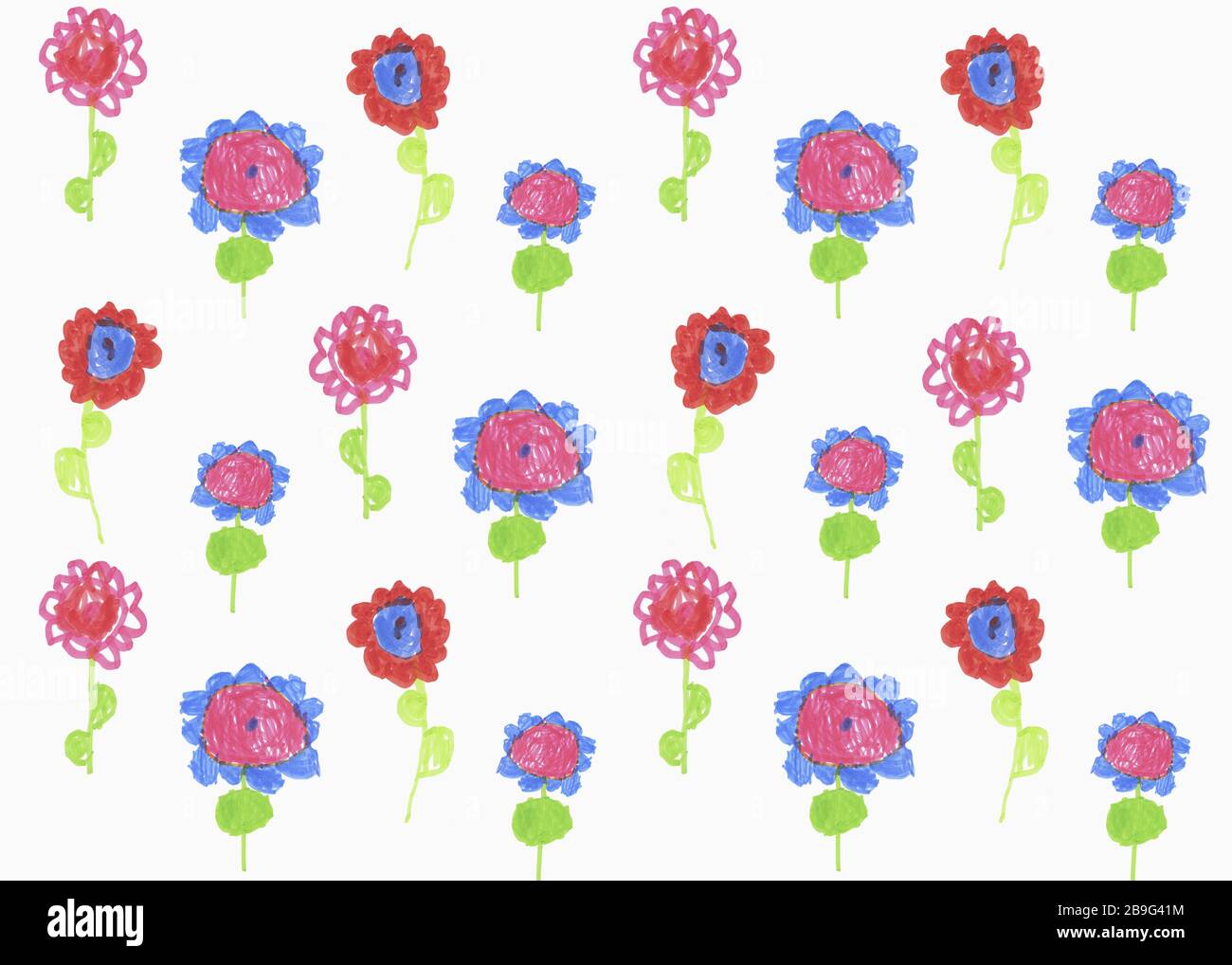 Disegno per bambini di vivaci fiori colorati su sfondo bianco Foto Stock