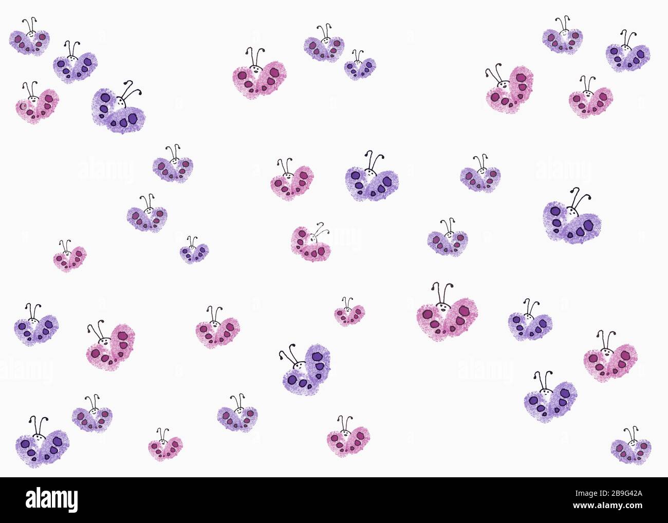 Disegno di farfalle viola e rosa su sfondo bianco Foto Stock
