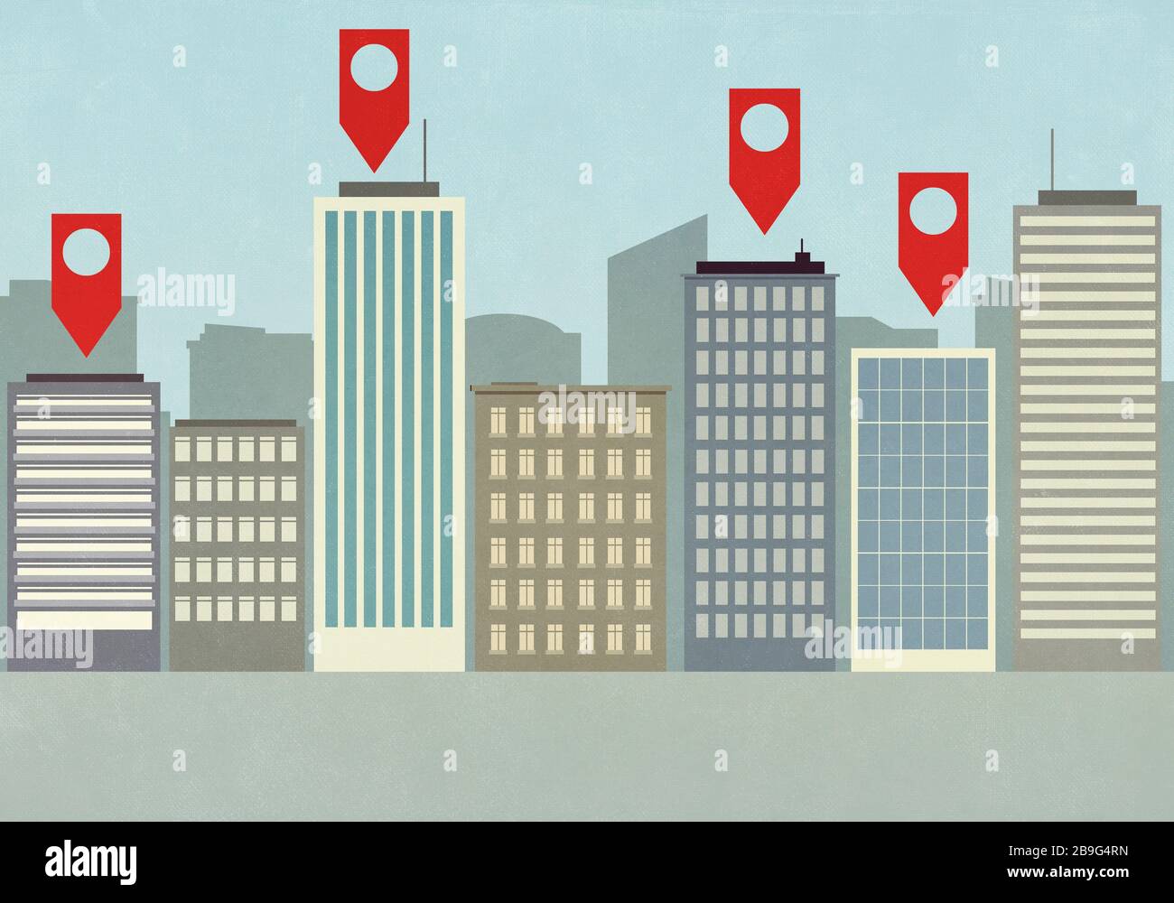 Mappa pin icone sopra highrise edifici in città Foto Stock