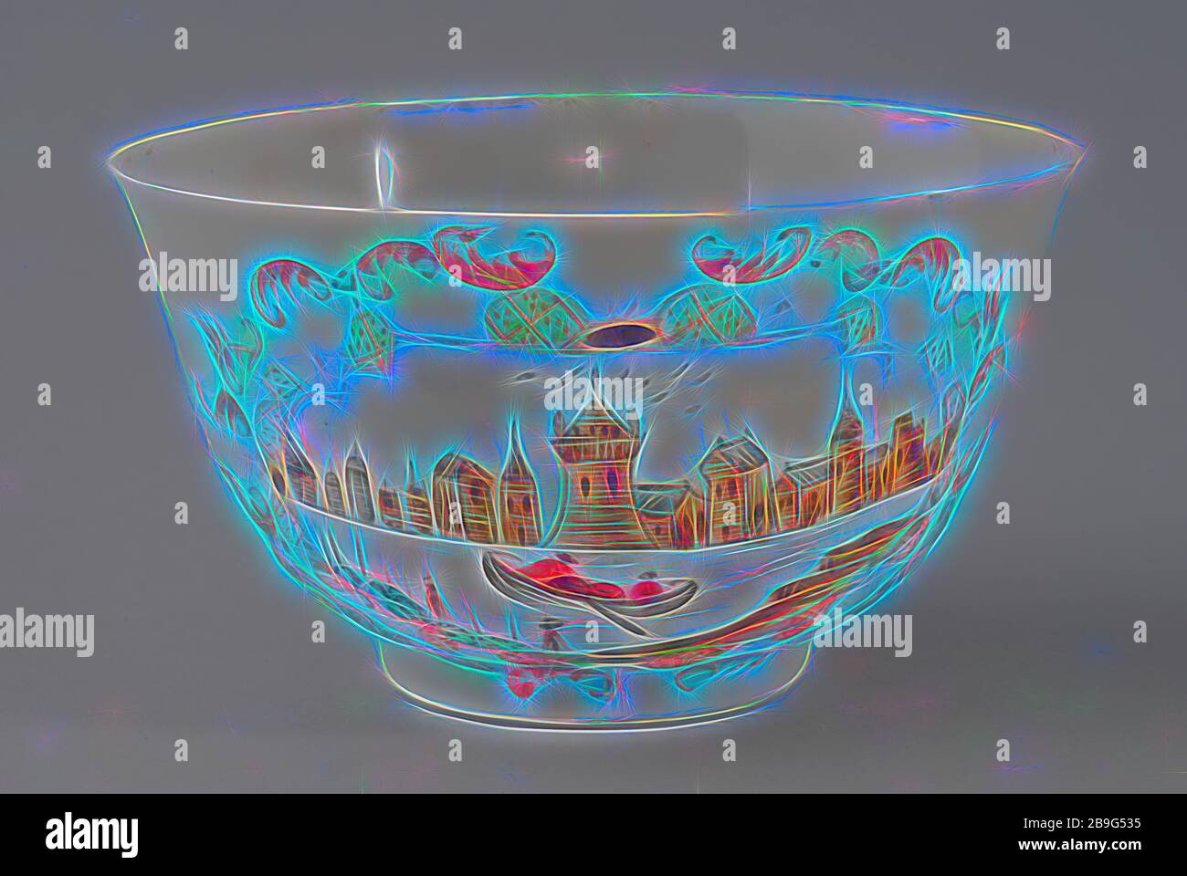 Tazza con foto barca sul fiume e incontro con gli occidentali incoronato uomo, zar Pietro, tazza e piattino utensili potabile titolare di vasellame da tavola in ceramica di smalto in porcellana, fritto verniciato satinato smaltato, a forma di coppa sul supporto., round piattino in stand ring chine il comandante dello zar Pietro il Grande Zaandam bere Foto Stock