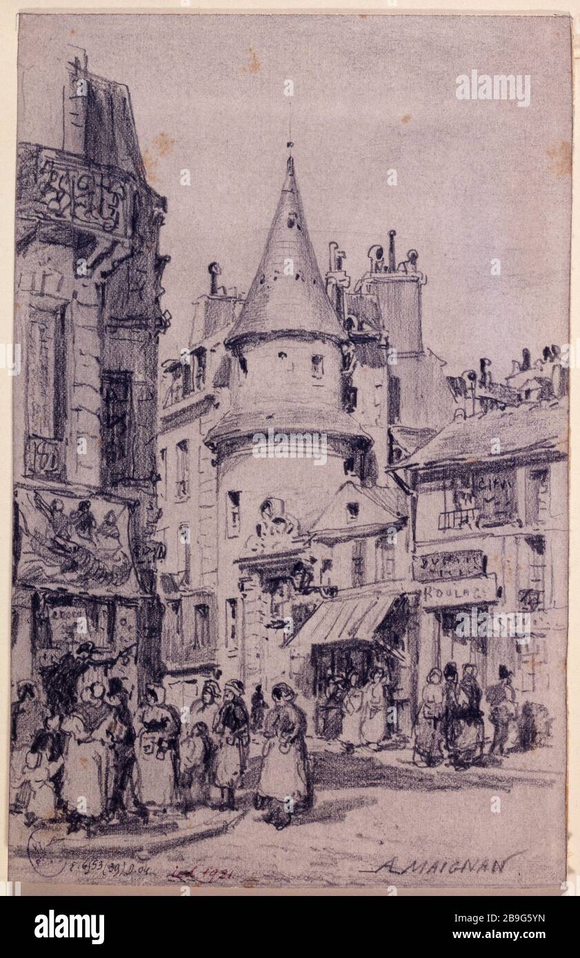 Tour du Vert Bois, rue Saint-Martin, nel 1866 Albert Maignan (1845-1908). Tour du Vert Bois, rue Saint-Martin, it 1866. Parigi (IIIème arr.), 1866. Mine de plomb. Parigi, musée Carnavalet. Foto Stock