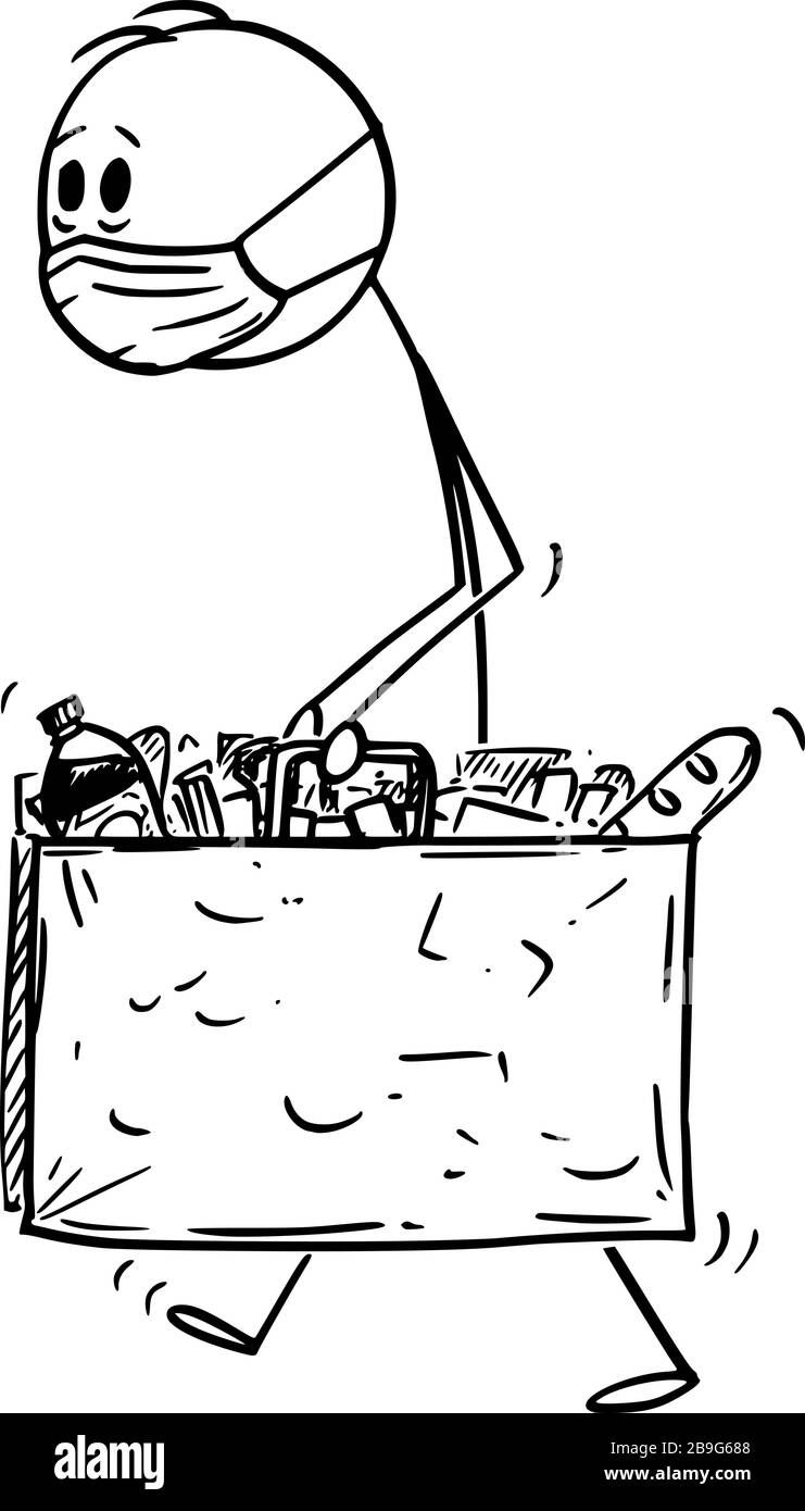 Figura di bastone cartoon vettoriale disegno illustrazione concettuale di uomo che indossa maschera facciale che trasporta le borse di shopping con il cibo dal negozio di alimentari o supermercato. Concetto di epidemia di coronavirus COVID-19. Illustrazione Vettoriale