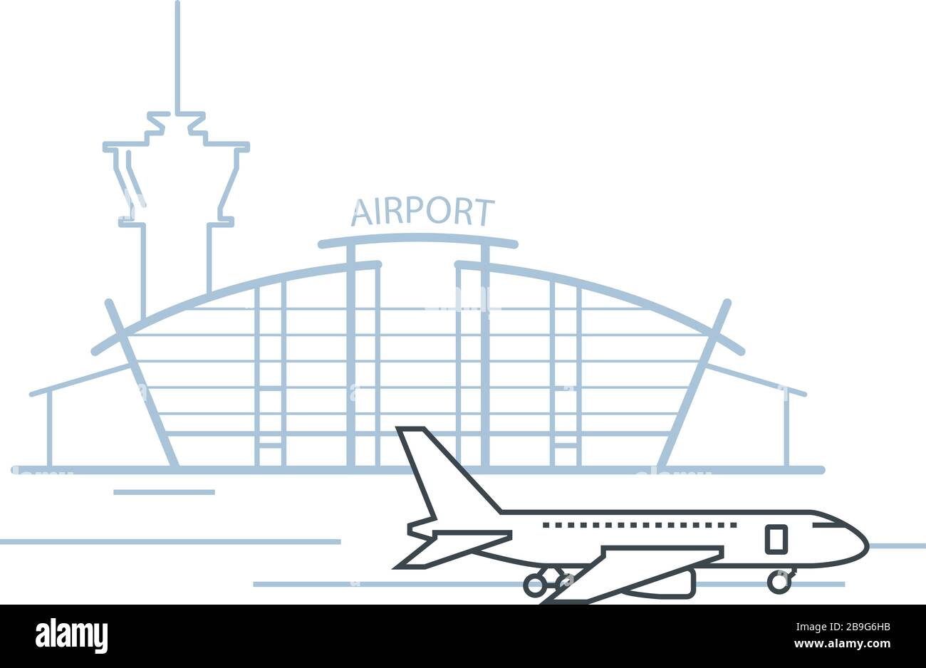Terminal aeroportuale edificio vista frontale e aereo sulla pista di atterraggio, icona aeroporto Illustrazione Vettoriale