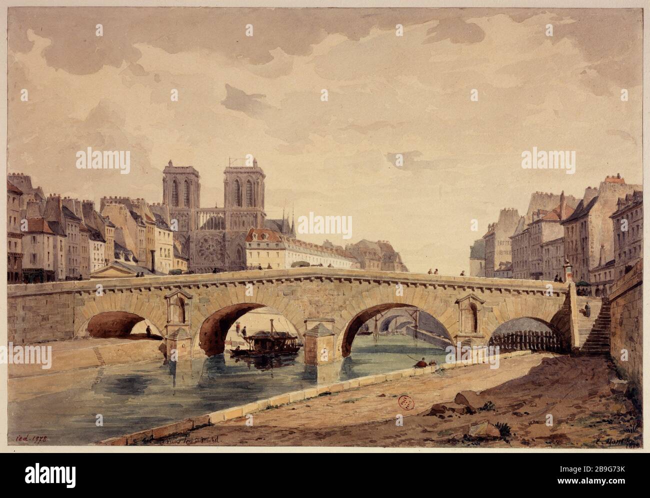 Il vecchio ponte Saint-Michel nel 1850 Louis-Martial-Théodat Masson (1827-?). Le vieux pont Saint-Michel it 1850. Parigi (VIème arr.), 1850. Acquarelle. Parigi, musée Carnavalet. Foto Stock