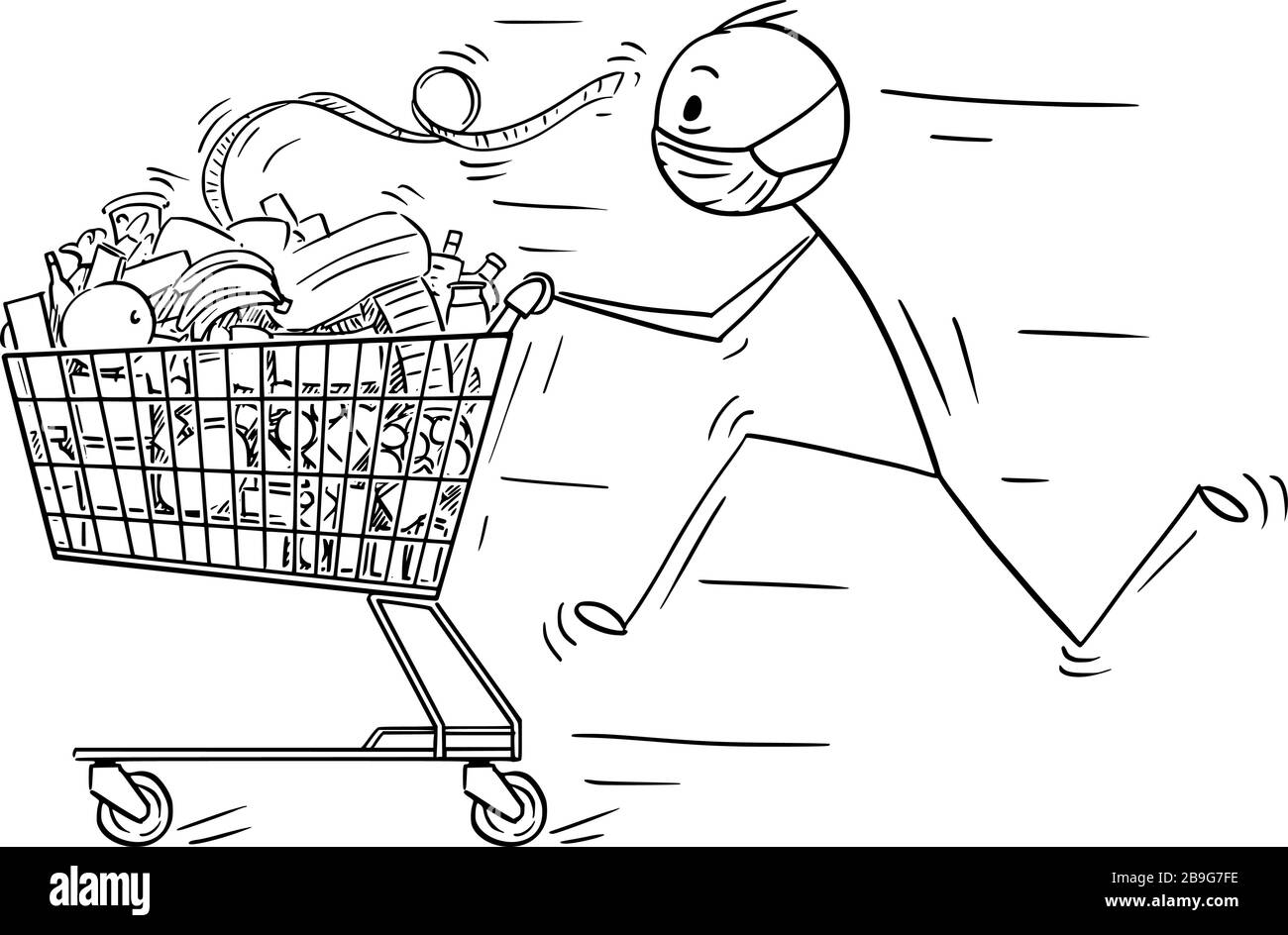 Figura di bastone cartoon vettoriale disegno illustrazione concettuale di uomo che indossa maschera facciale corsa e spingere carrello con cibo da negozio di alimentari o supermercato. Concetto di epidemia di coronavirus COVID-19. Illustrazione Vettoriale