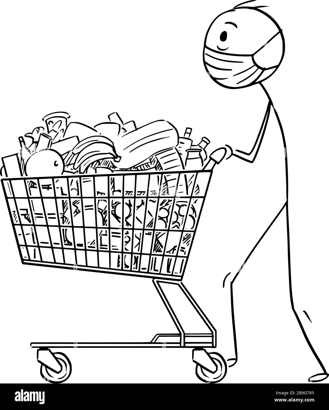 Figura di bastone cartoon vettoriale disegno illustrazione concettuale di uomo che indossa maschera facciale che spinge il carrello con il cibo dal negozio di alimentari o supermercato. Concetto di epidemia di coronavirus COVID-19. Illustrazione Vettoriale