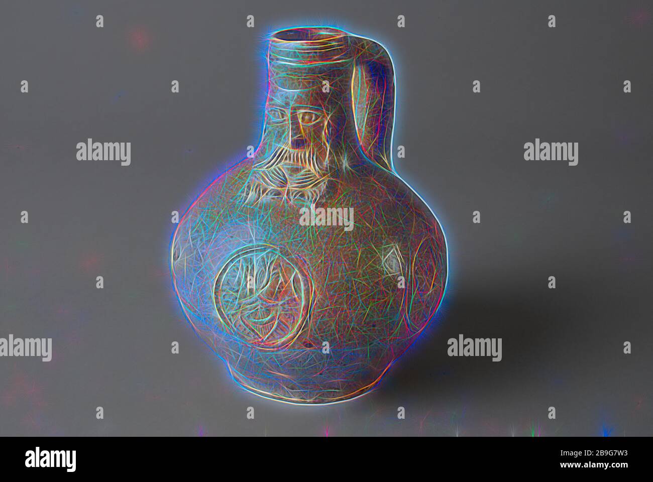 Porcellanato barb brocca, piccolo e rotondo sfera con Bartmann brocca, chiamato anche brocca Bellarmino, e tre medaglioni ritratto, Bartmann juggejug vasellame titolare bottomfound ceramica gres saltglaze glassa, handdrawn stampigliato stampato in cotto smaltato porcellanato barba brocca piccolo a forma di palla brocca sulla faccia permanente collo conico con profilo anelli sotto il bordo del collo. Nastro permanente orecchio. Bartmann caraffa e tre medaglioni ritratto come appliqués nei medaglioni, doppia faccia del maschile e del femminile facce reciprocamente affacciate. Completamente grigio-marrone archeologia vetrato Rotterdam IJsselmonde indigeni impo di terracotta Foto Stock