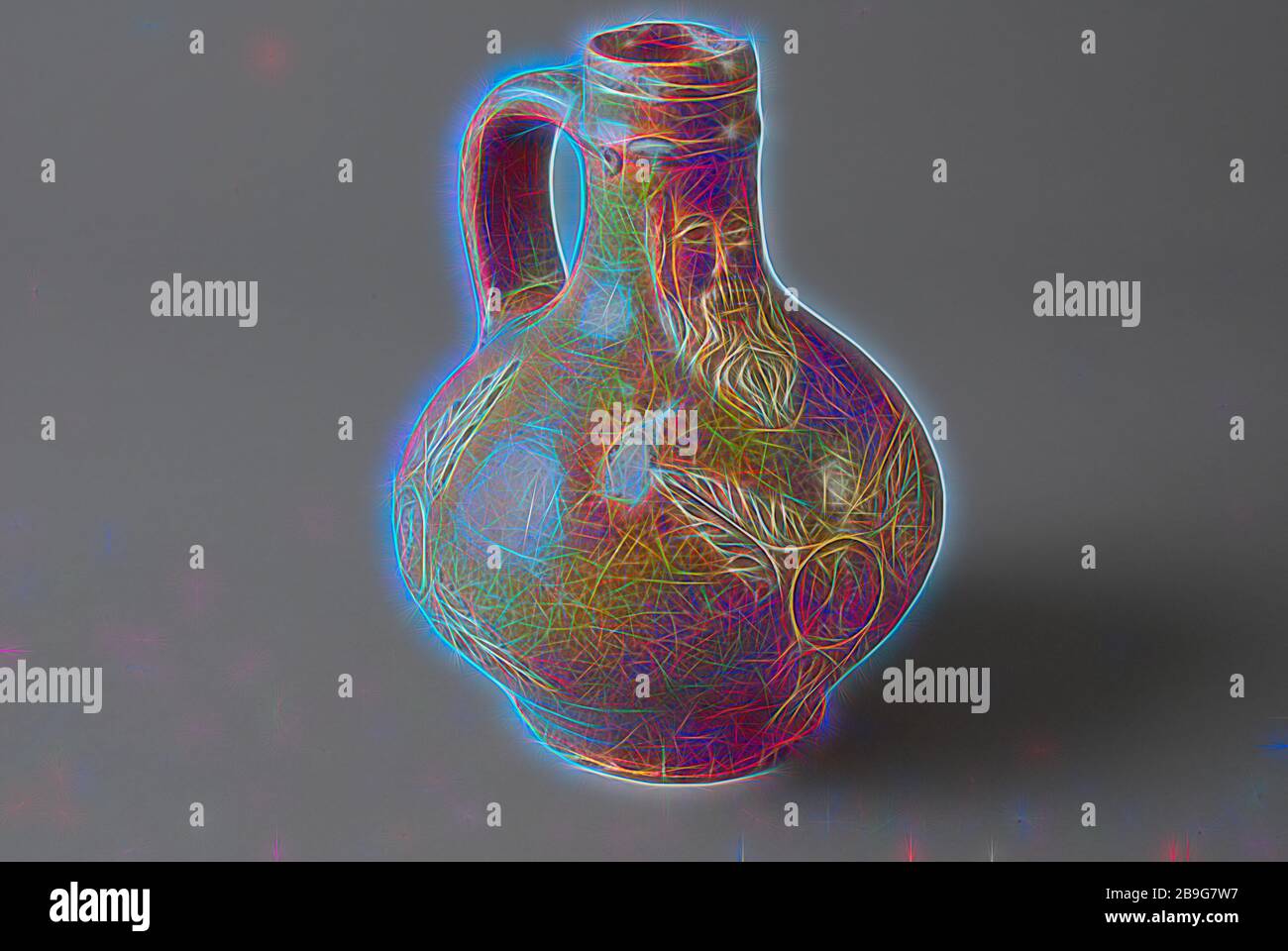 Porcellanato barb brocca, piccole e palla rotonda con la barba, ritratto medaglioni e foglie di acanto, Bartmann juggejug vasellame titolare bottomfound ceramica gres saltglaze glassa, ammanettato stampigliato smaltato cotto smaltato porcellanato barba brocca piccolo a forma di palla brocca sulla superficie supporto collo cilindrico con anelli di profilo sotto il bordo del collo. Nastro permanente orecchio. Bartmann caraffa e tre medaglioni ritratto circondato da tre foglie di acanto come appliqués nei medaglioni faccia con hat girato a destra tutto il grigio-marrone archeologia vetrato Rotterdam IJsselmonde ceramica indigena importazione servono drink store tr Foto Stock