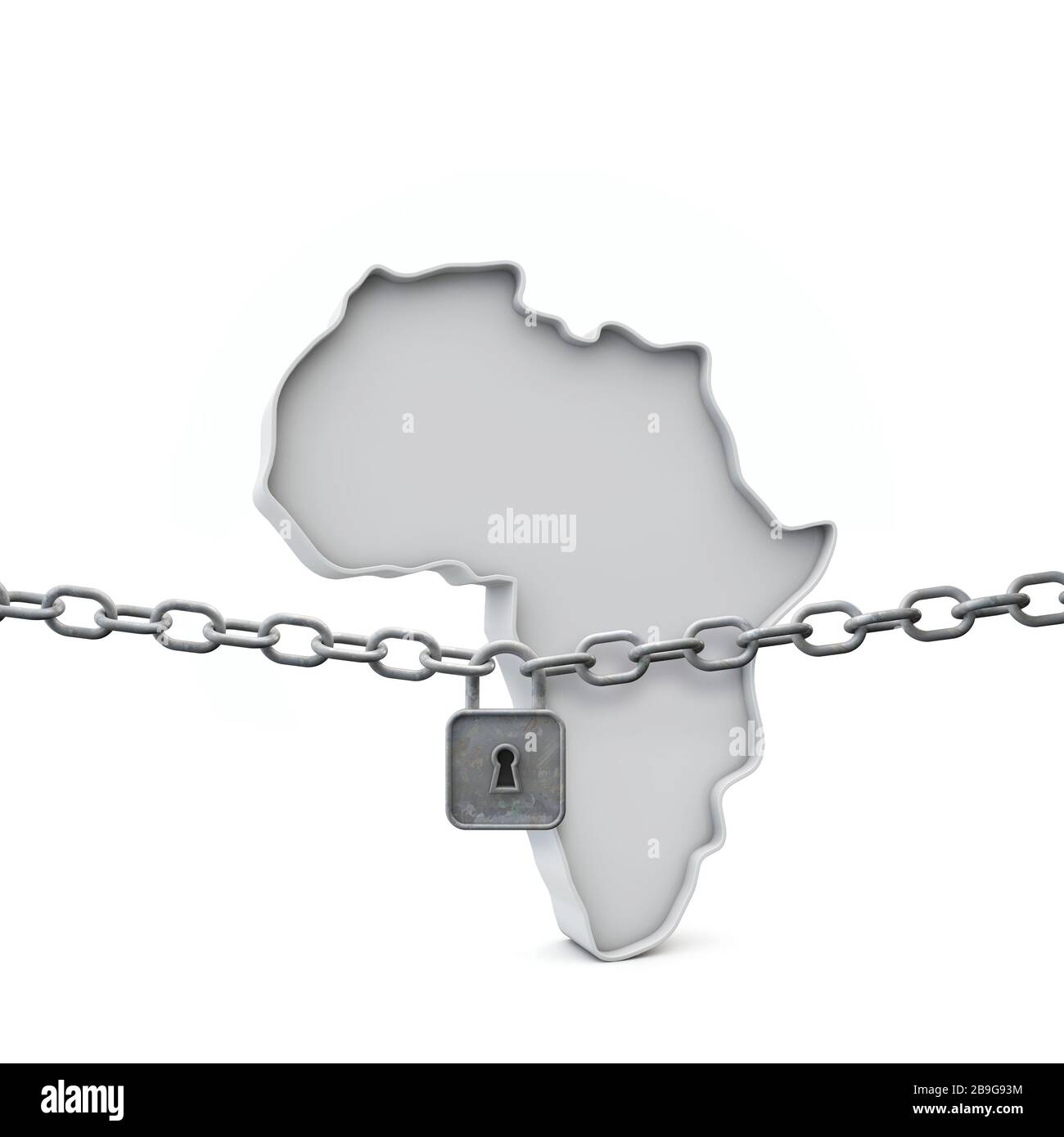 Concetto di blocco Africa. Mappa con serratura e catena. Rendering 3D Foto Stock