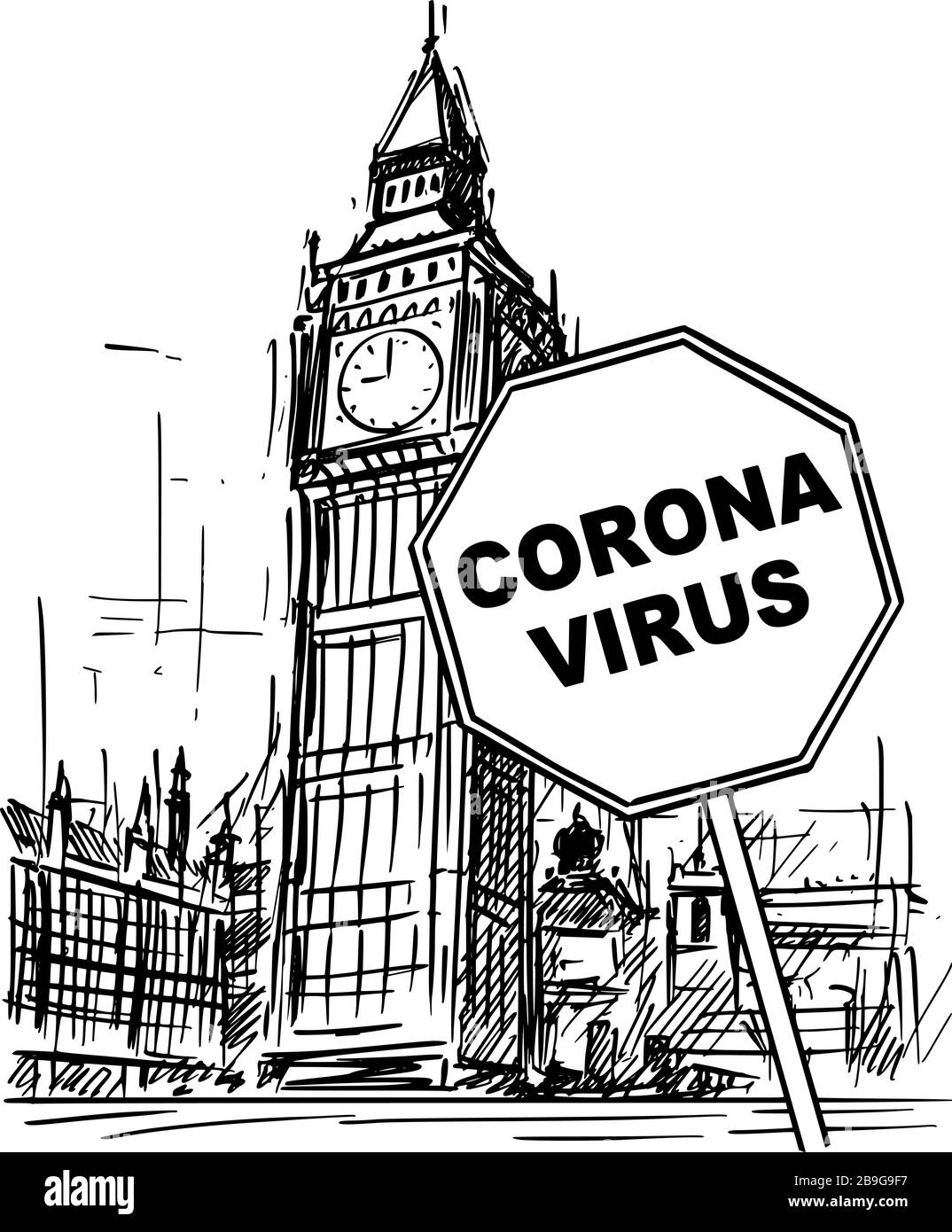 Cartoni animati vettoriali Sketchy ruvida illustrazione di Regno Unito, Londra, Big ben torre dell'orologio e Coronavirus Covid-19 virus epidemia segnale di avvertimento. Illustrazione Vettoriale