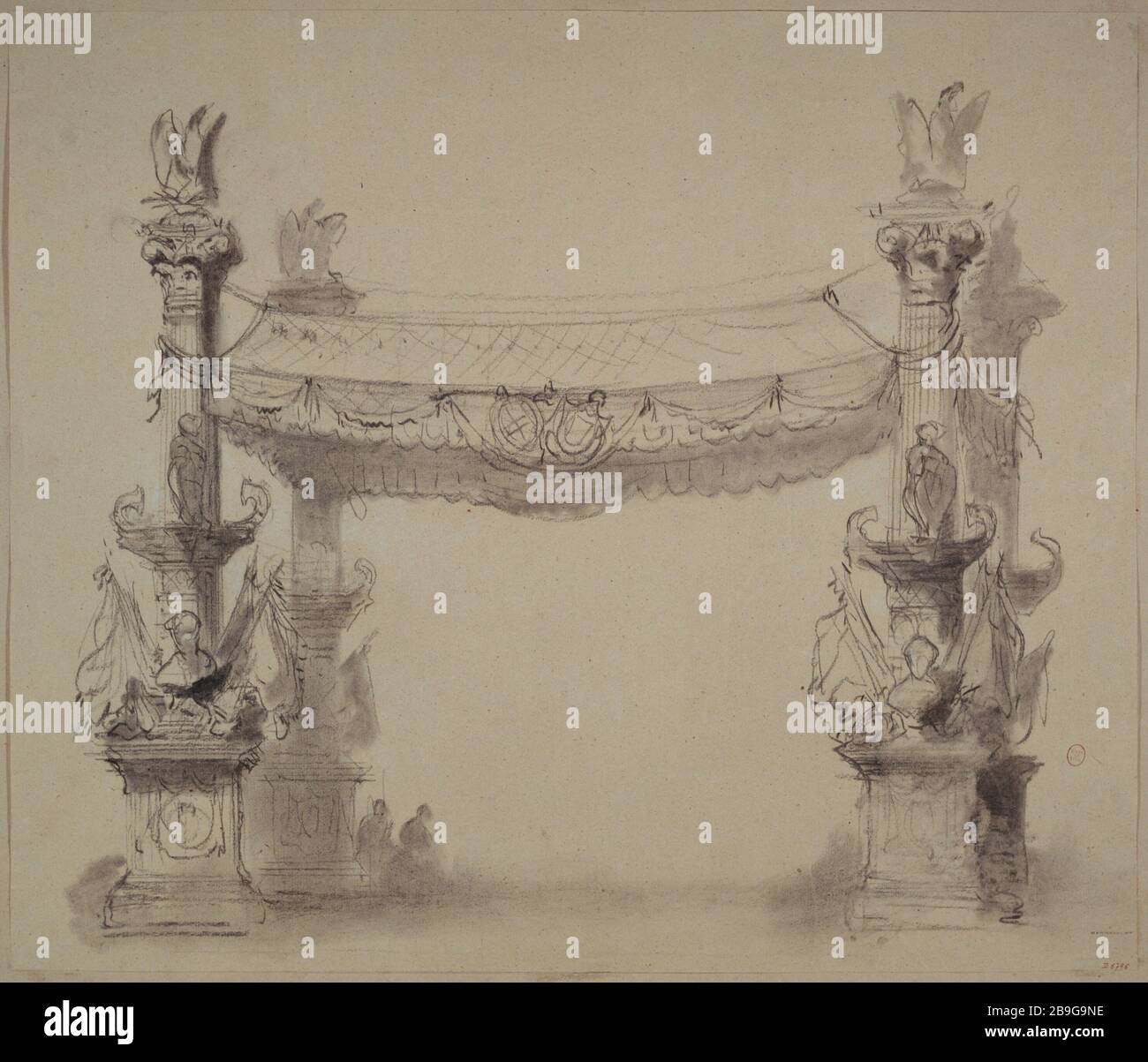 Progetto di decorazione fittizia; colonne rostrali Anonyme. Projet de décoration factice ; colonnes rostrales. Crayon. Parigi, musée Carnavalet. Foto Stock