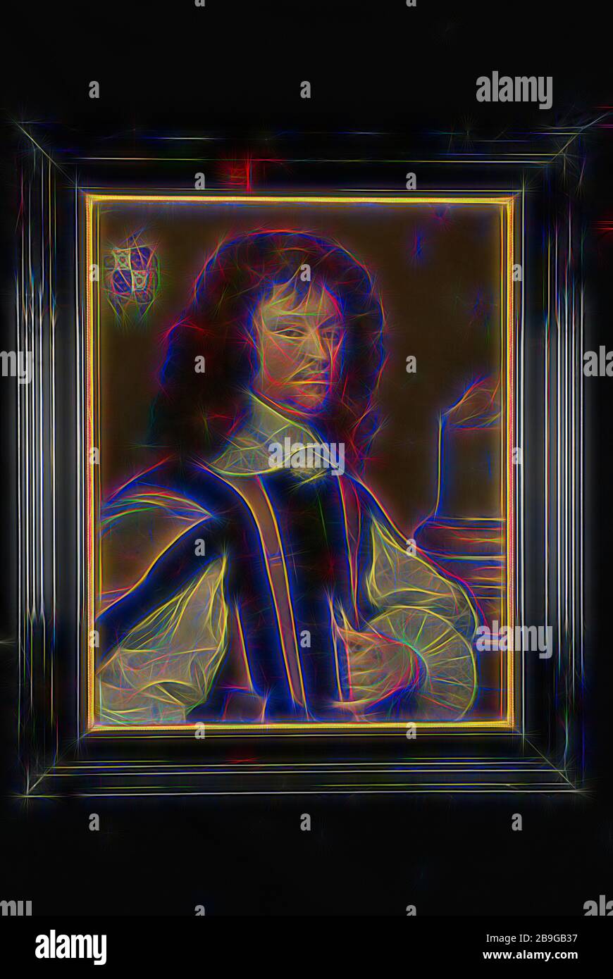 Nei dintorni di A. Hanneman?, Ritratto di Pieter de Groot, ritratto dipinto riprese di olio di lino dipinto, rettangolare permanente ritratto di uomo che rappresenta il Sig. Pieter de Groot avvocato a mezza lunghezza guardando a destra sfondo luminoso. Capelli ricci spinto verso sinistra nel doppietto con corpo scuro larghe bianco shirt maniche colletto bianco con pizzo rifilato fiocchi. A destra la colonna rotto. In alto a sinistra dello schermo a forma di stemma della famiglia (Cornette de Groot) lato inverso del panno araldico Pieter de Groot Agatha van Rijn Rhijn il centro città di Rotterdam Stadsdriehoek Haringvliet Adriaen Prins questo dipinto apparteneva alla serie che Foto Stock