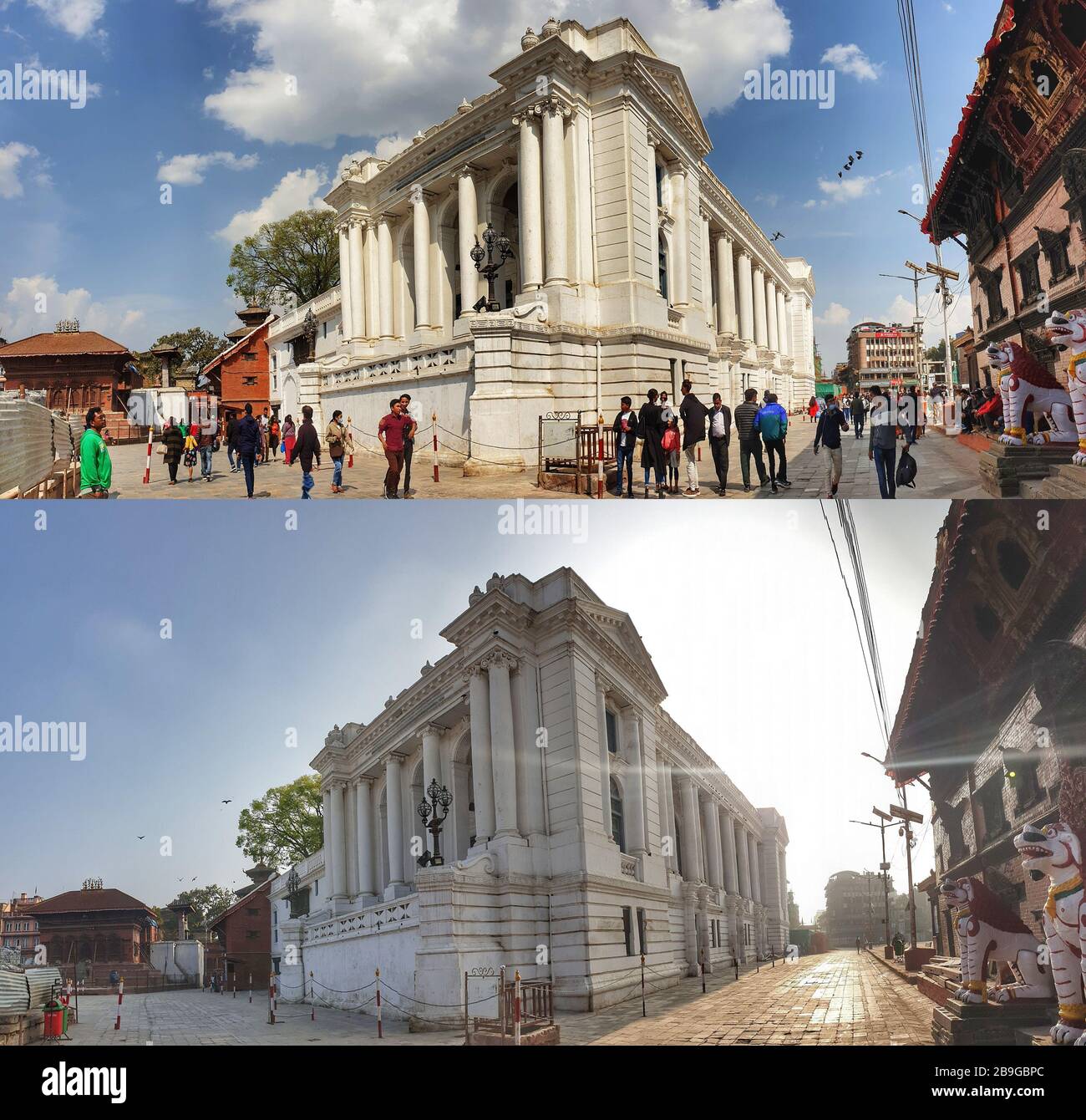 24 marzo 2020, Kathmandu, Nepal: La foto combinata mostra che le persone viaggiano intorno al palazzo Gaddi Baithak una settimana prima (in alto) e strade vuote intorno al palazzo Gaddi Baithak (in basso) è stata fotografata durante il primo giorno di blocco a livello nazionale imposto dal governo del Nepal per controllare la diffusione del COVID-19 a Hanumandhoka Durbar Square a Kathmandu, Nepal. Come dopo la conferma del secondo caso positivo di COVID-19 in un adolescente, il governo nepalese ha annunciato di imporre un blocco di una settimana a livello nazionale da martedì mattina per prevenire e controllare la diffusione dell'infezione da COVID-19. (Credit Image: © Sunil Foto Stock