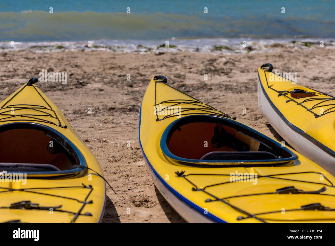I kayak colorati allineano l'acqua - fuoco selettivo, spazio di copia Foto Stock