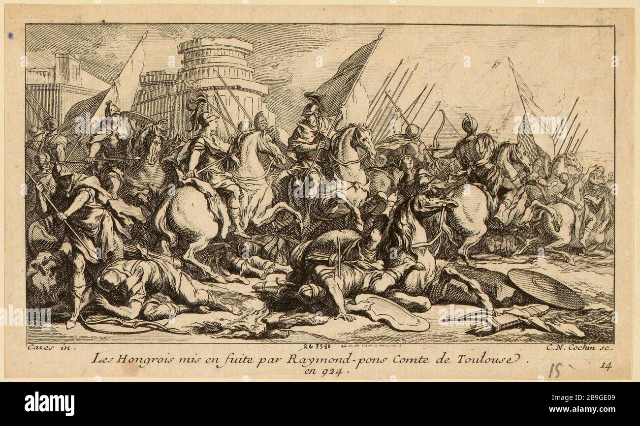 Scene di battaglia per la storia generale della Linguadoca 14: Gli ungheresi messi in volo da Raymond Pons, Conte di Tolosa nel 924 (titolo fittizio) Foto Stock