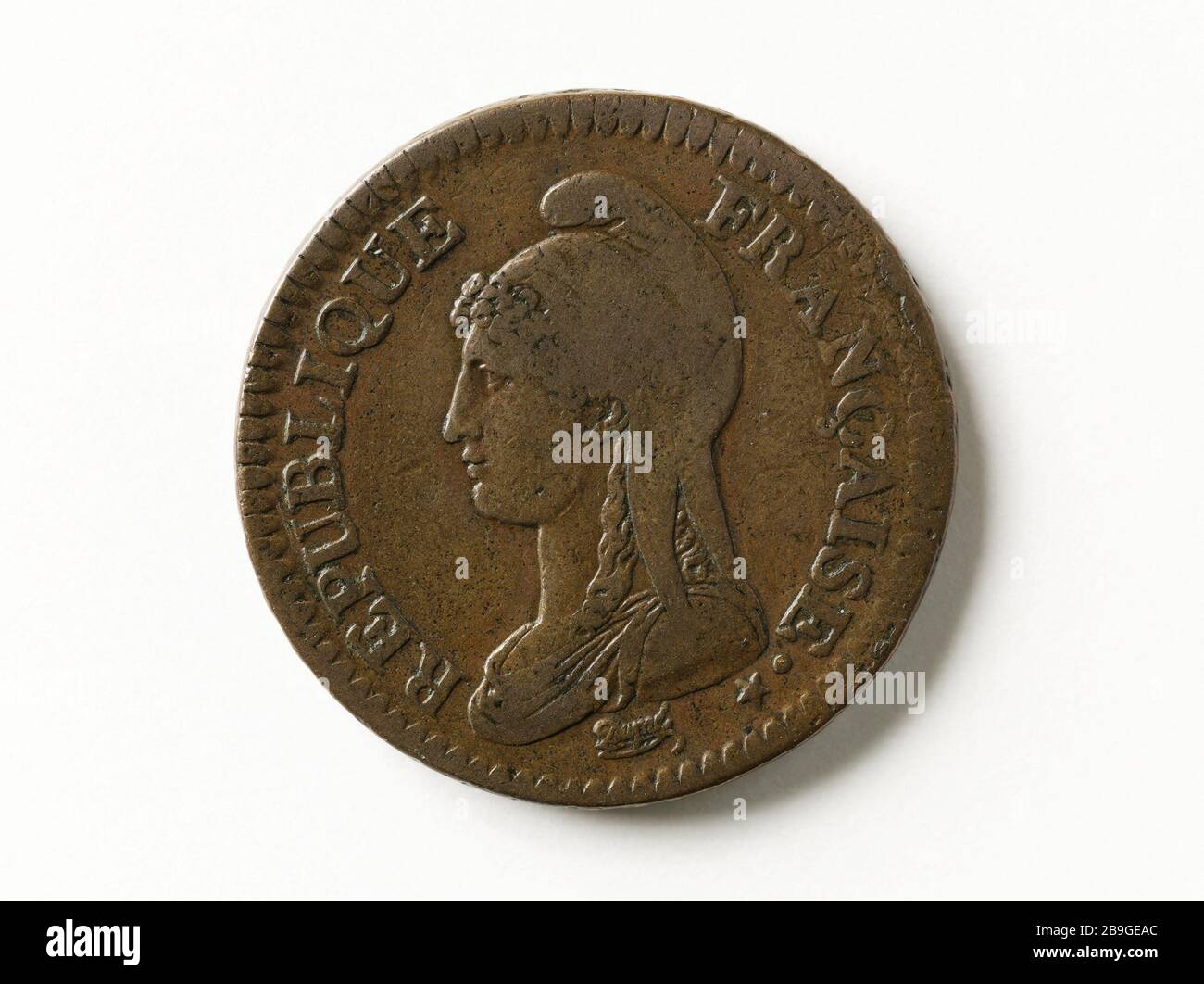 Parte due decimi, anno V (1797) Augustin Dupré (1748-1833)Pièce de deux décimes, an V (1797). Cuivre, 1797. Musée Carnavalet, Histoire de Paris. Foto Stock