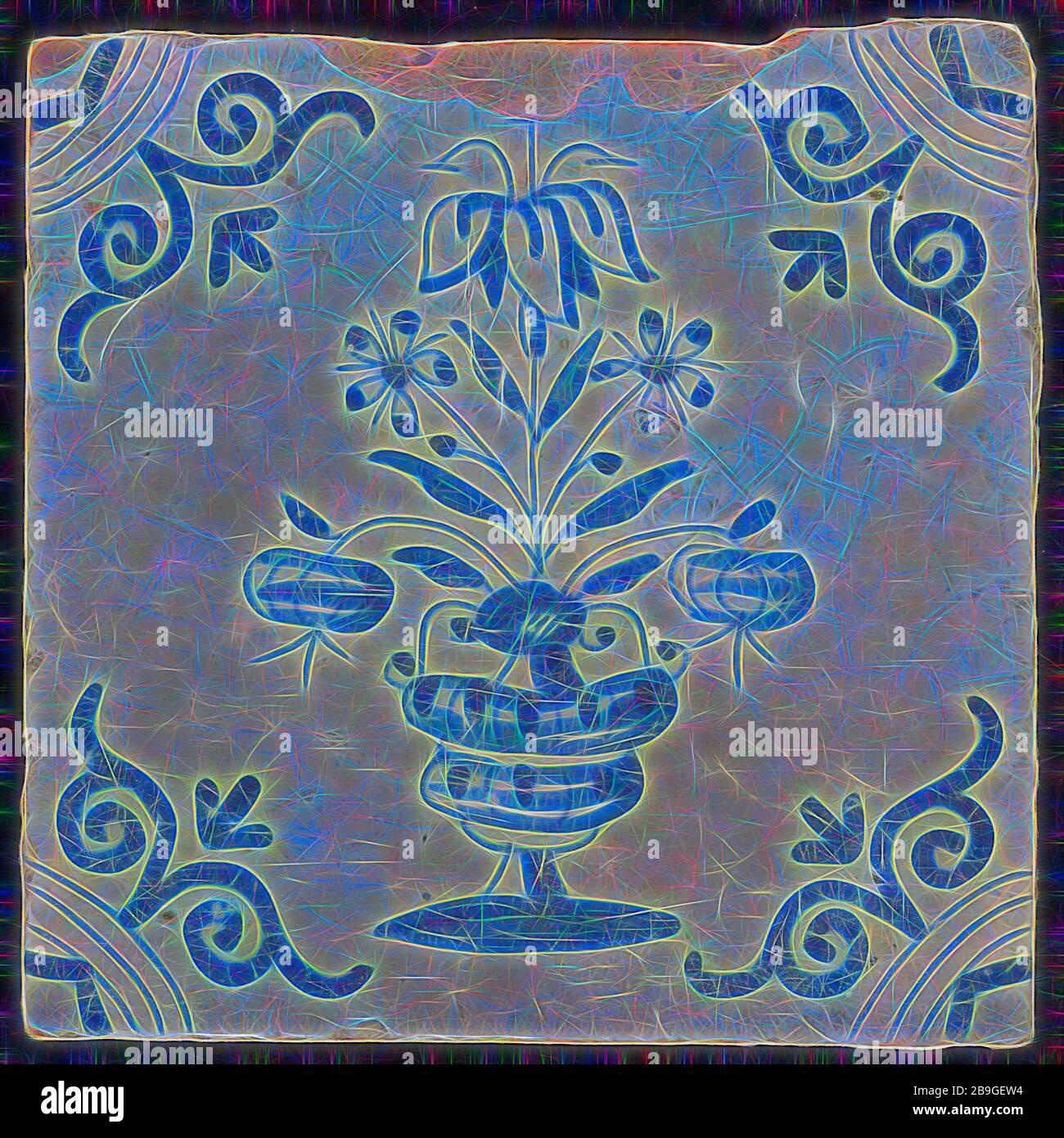 BC, Flower glile, flowerpot in blu su bianco, motivo ad angolo grande testa di bue, piastrelle parete piastrelle scultura ceramica ceramica ceramica glassa, cotto 2x smaltato dipinto rosso shard quadrato. Tre possibili quattro fori per chiodi a due tonalità. Blu trazione su terreno bianco. Vaso di fiori con cinque fiori stilizzati con corona imperiale e foglie, cotto su C de C ha forti strisce incrociate Foto Stock