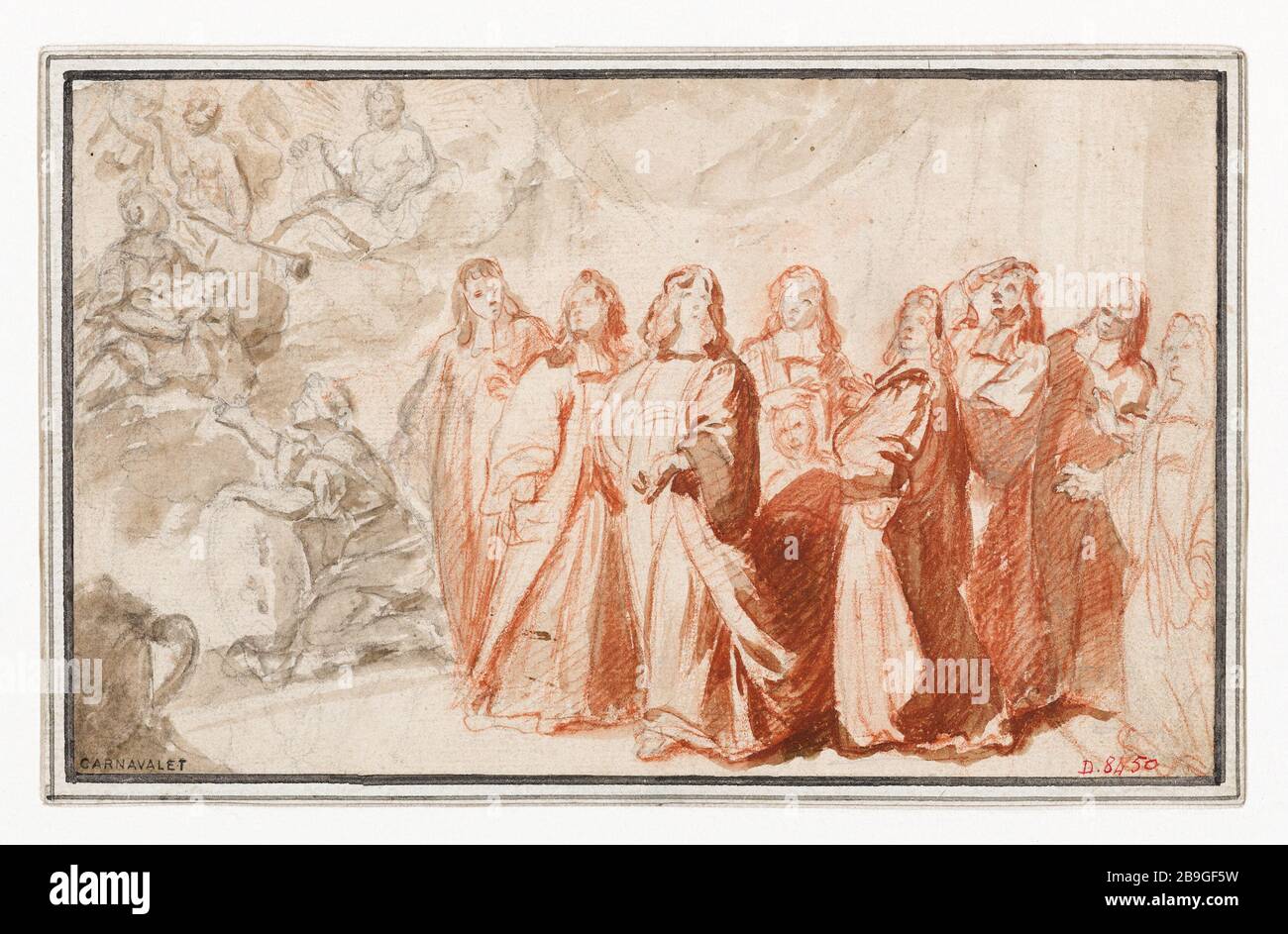 Disegno per la decorazione di City Hotel allegoria per la nascita del Duca di Borgogna (padre di Luigi XV) nel febbraio 1682 François de Troy (1645-1730). "Esquisse pour la décoration de l'Hotel de Ville : allégorie pour la naissance du duc de Bourgogne (père de Louis XV) en février 1682". Pierre noire, sanguine et lavis de bistre, rehuts de blanc. Parigi, musée Carnavalet. Foto Stock