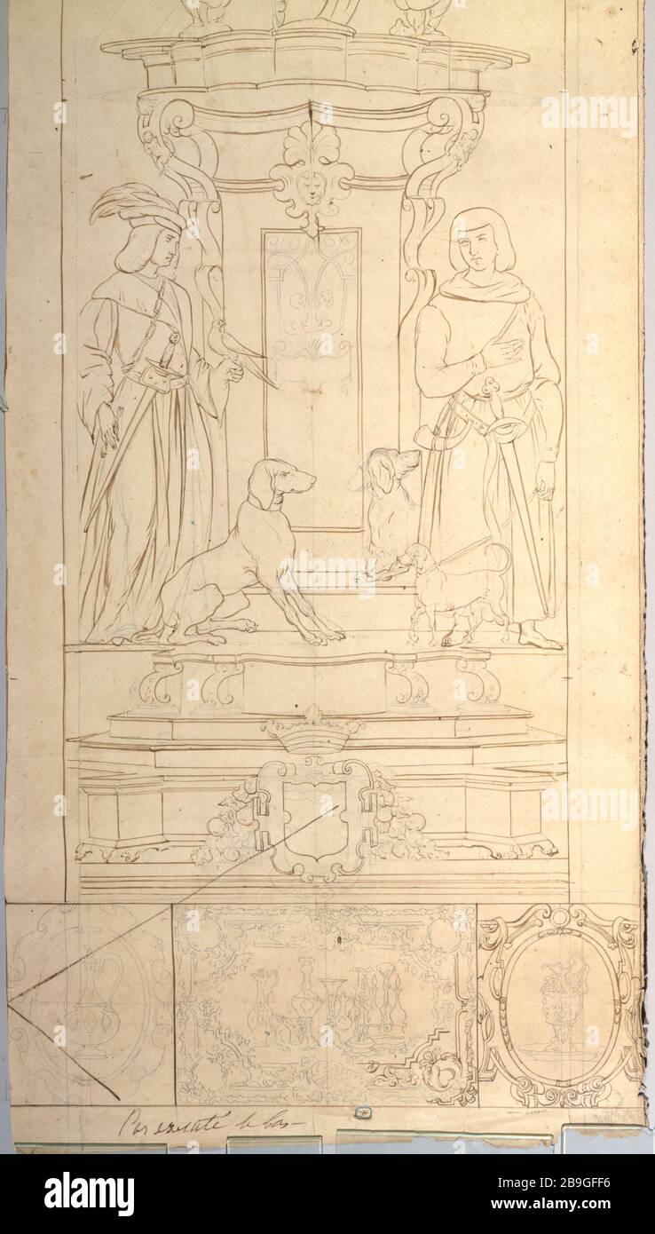 DESIGN IN VETRO COLORATO: LA CACCIA Prosper Lafaye (1806-1883). "La chasse, partie droite du vitrail représentant deux personnages mascolins avec un chien devant un édicule à vasques (partie inférieure), entre 1845 et 1875". Parigi, musée Carnavalet. Foto Stock