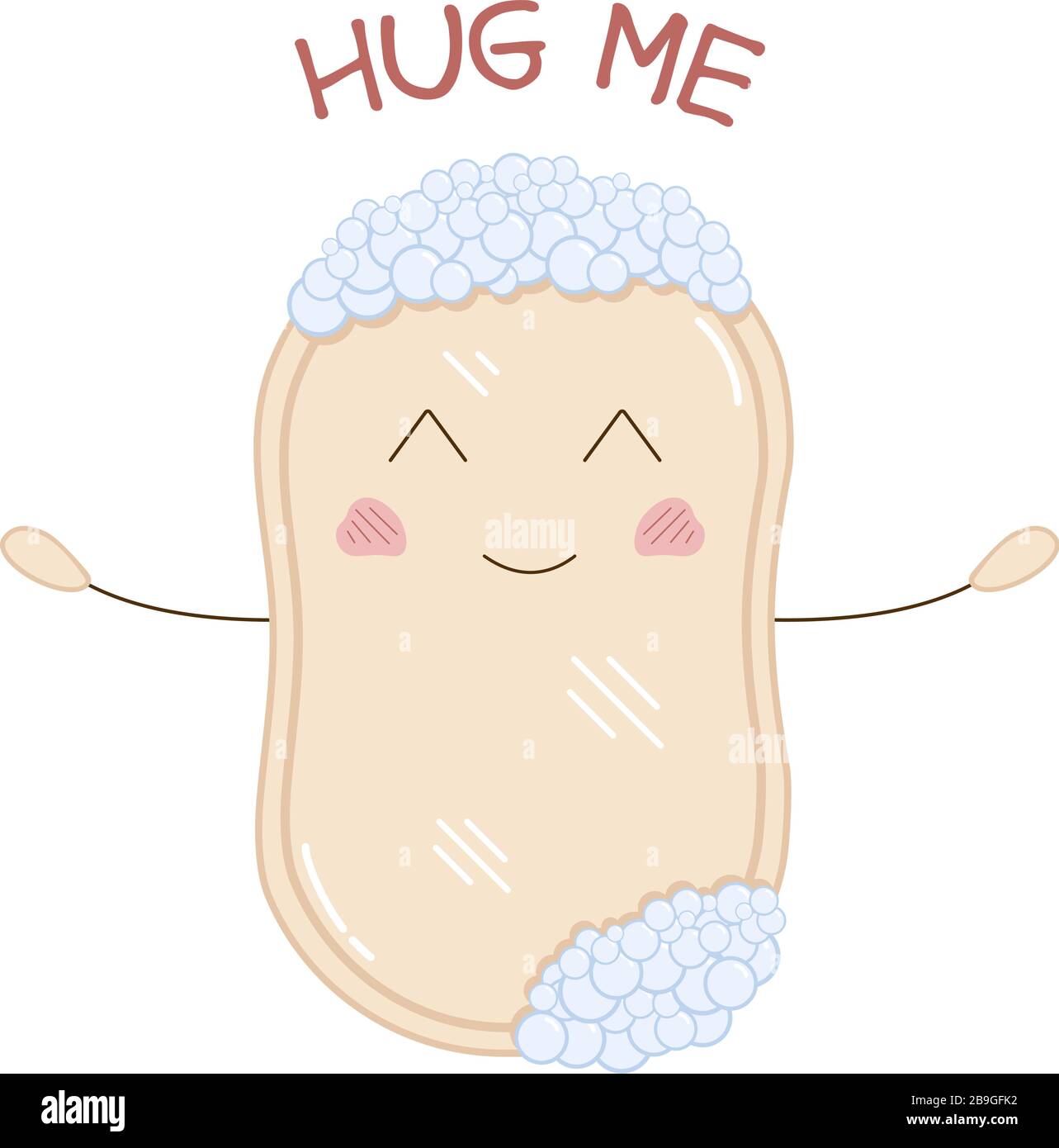 Carino bar divertente di sapone che offre gratuitamente abbracci. Illustrazione vettoriale del prodotto igienico con sorriso grazioso e guance rosa. Disegno infantile per bambini. Lavaggio delle mani contro virus e batteri Illustrazione Vettoriale