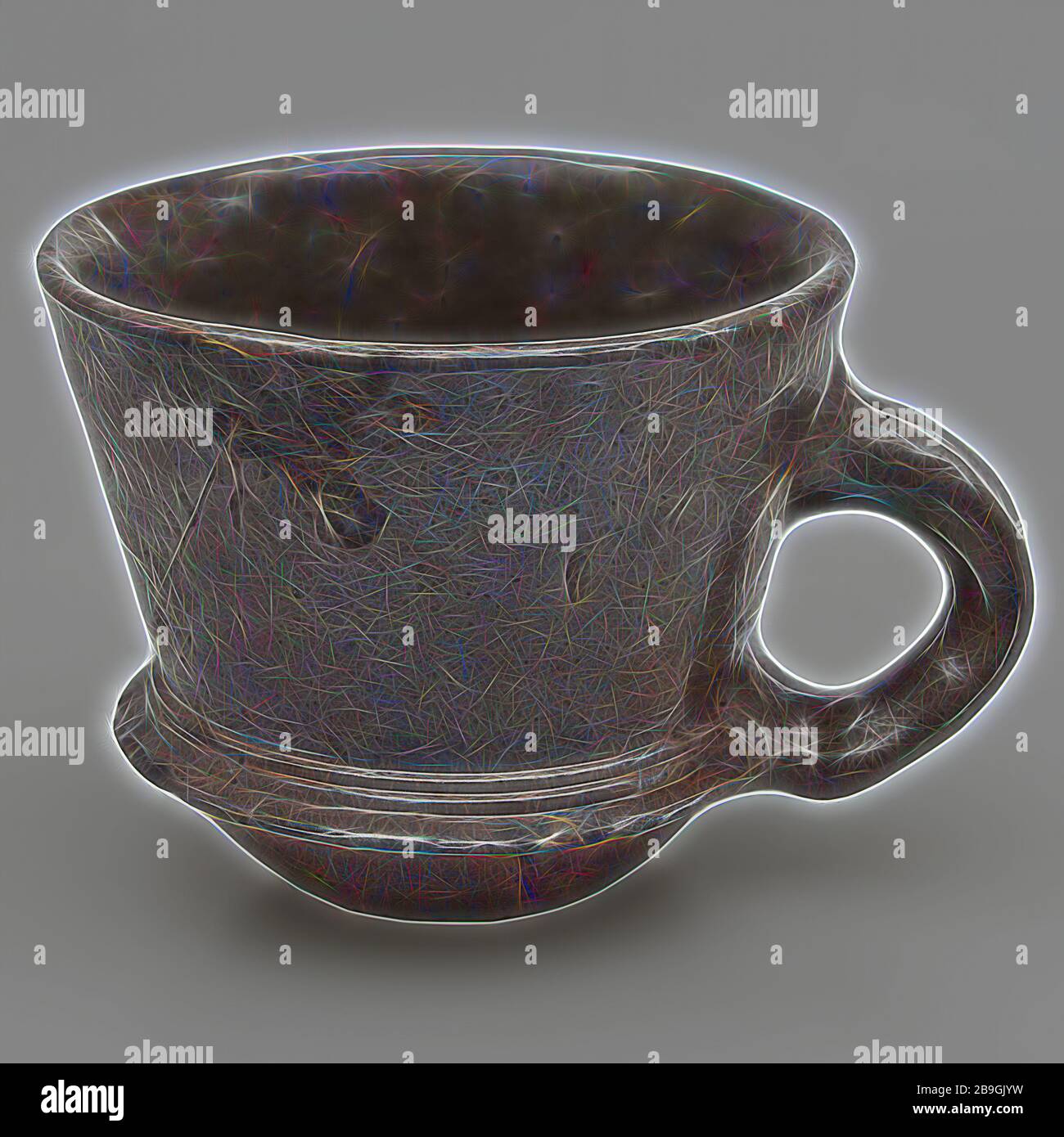 Testa in gres con parete laterale inclinata e collare sopra il piede, orecchio, tazza porta vasellame terreno trova smalto in gres ceramico sale glaze, set girato a mano vetro cotto cuocito tazza grigio marrone smalto bordo sporgente sotto l'orecchio Cup su piccolo supporto. Conico con collare sopra il piede. Bassa attaccato orecchio storta archeologia Valckensteyn Poortorgaal Albrandswaard ceramica indigena importazione di bevande stoviglie acqua potabile suolo scoperta: castello Valckensteyn a Poorturgaal ora Albrandswaard 1961-1962 Foto Stock