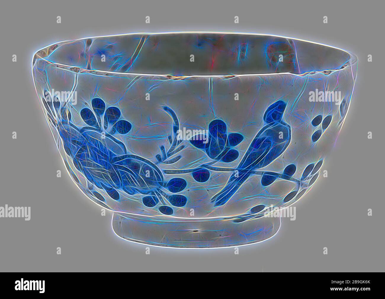 Faience tazza di tè, ciotola con decor di colore blu in stile orientale con spruzzi di fiori, uccelli e farfalle, vaschetta porta-stoviglie suolo trovare ceramica smalto terracotta smalto stagno h 4,5, girato a mano cotto decorato smaltata piccolo fritto faience ciotola sul supporto. Il giallo di shard interamente ricoperta con smalto di stagno. Decor blu su blu bianco oscurata fond nello specchio un ovale lungo la parte esterna di un decor orientale e con fiore spray uccelli ed insetti archeologia Valckensteyn Poortugaal Albrandswaard ceramiche indigene che serve tè tè Foto Stock