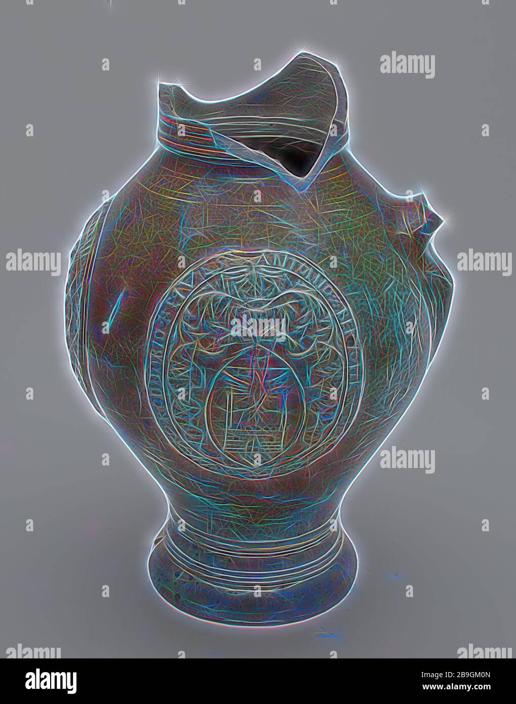 D.E., gres brocca attorno a tre medaglioni con frontiere e stemma, modello slim, firmato, bricco per il supporto di stoviglie suolo trovare gres ceramico smalto smalto sale, girate a mano cotto smaltato porcellanato grigio caraffa shard marrone ruggine sale smalto profilato di coda del collo piede e curve in arma medaglioni: RODDOBIO. EQUES. ANTONIO. BERIONE DE archeologia araldica ceramiche di importazione servire a bere birra vino Foto Stock