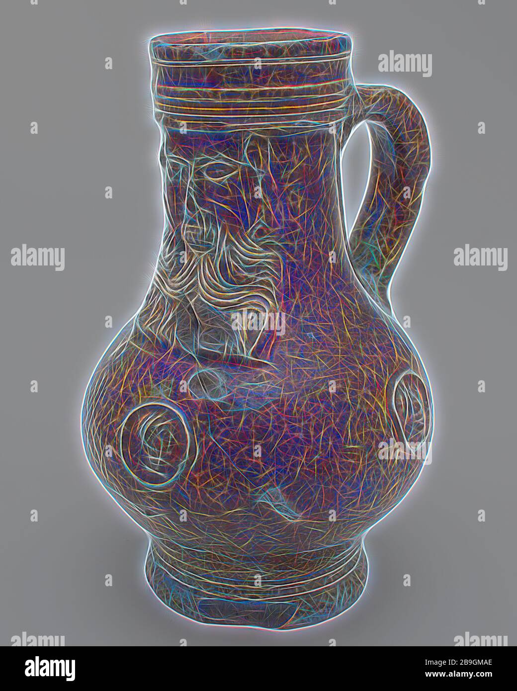 Marrone screziato Bartmann brocca, chiamato anche brocca Bellarmino, sul ventre tre round ritratto medaglioni, ampia e collo alto, vaso suolo porta trovare gres ceramico smalto smalto sale, mano rivolta stampigliato smaltato cotto smaltato porcellanato grigio caraffa shard sale in gran parte dello smalto marrone borchiati bandoor scanalatura sotto il bordo di bocca del collo sagomato e piedi tracce di sottrazione di fondo. Bartmann brocca maschera sul collo intorno al ventre tre identici round medaglioni di uomo con la testa a forma di palla brocca sul cavalletto con piedi relativamente lunghi e a collo largo e archeologia Rotterdam Delfshaven Lage fer ceramiche di importazione vino birra ser Foto Stock